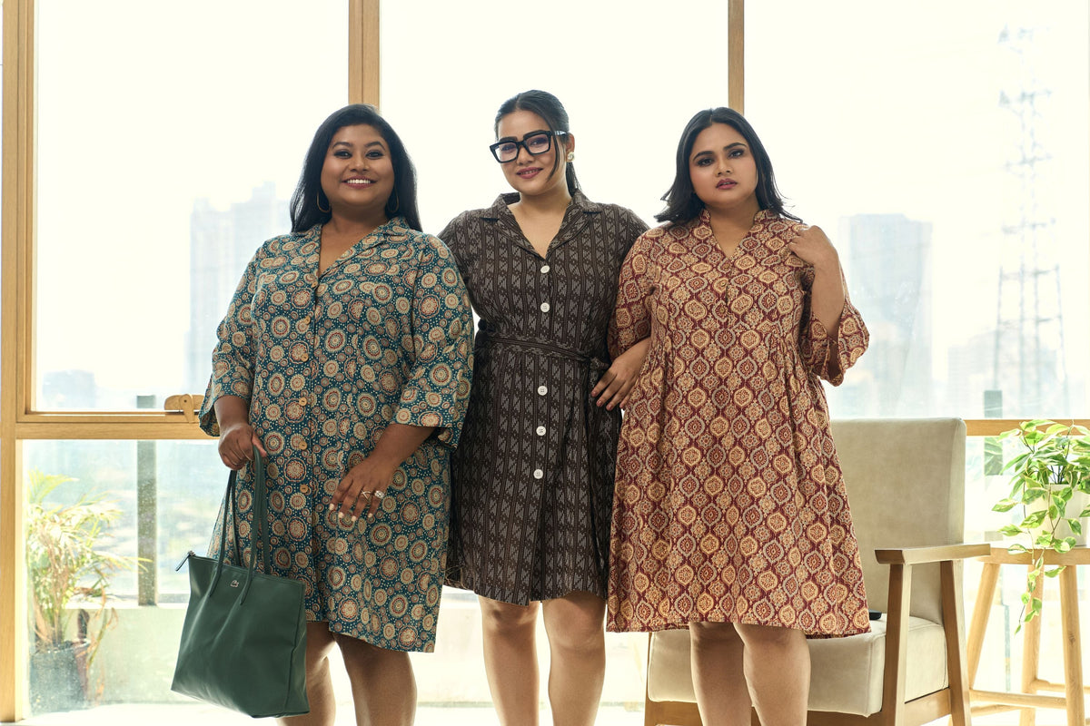 Mocha Brown Ajrakh Print Kantha 100% Cotton Shirt Dress with Belt