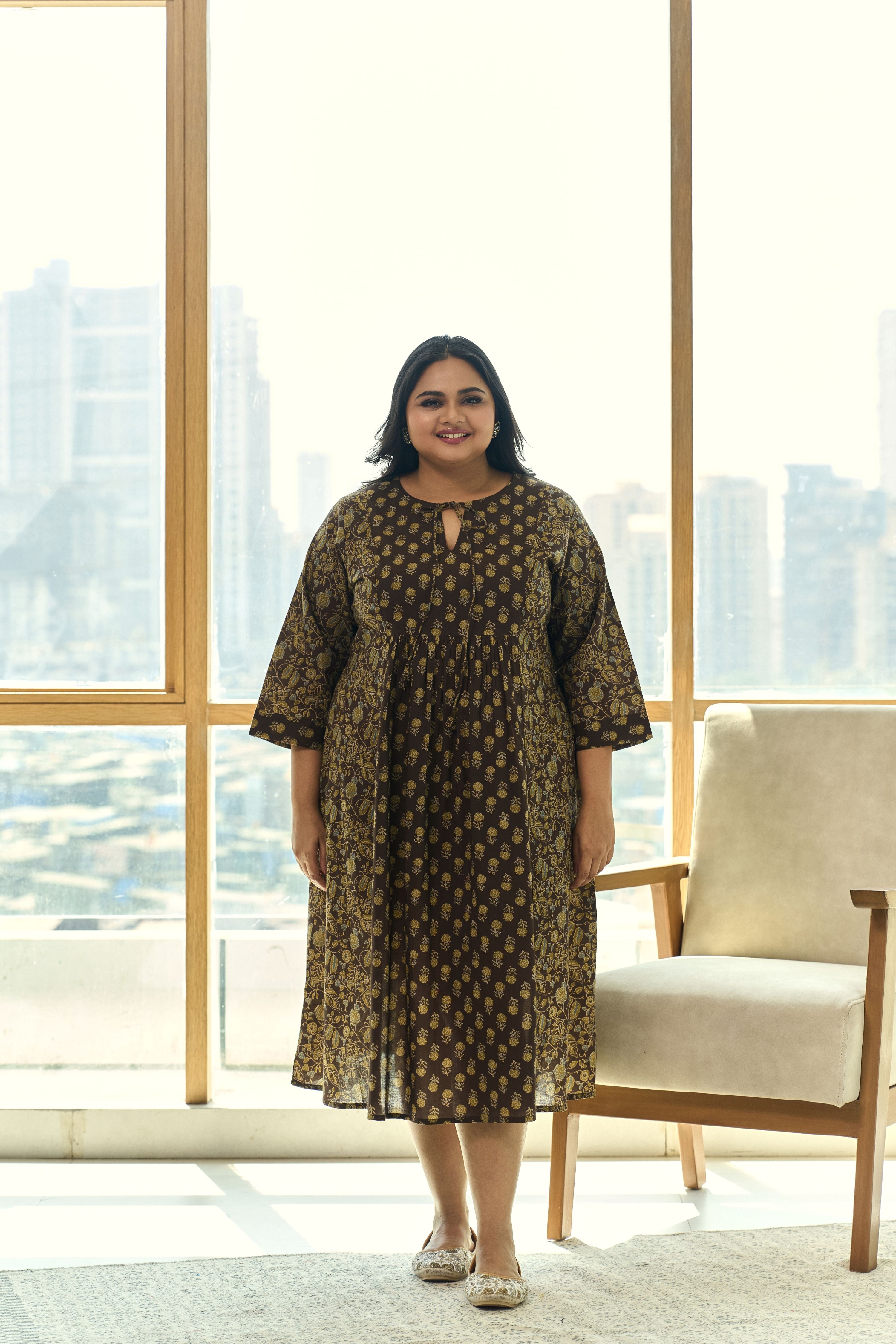 Mehendi Green Ajrakh Print Indo-Western Midi Dress