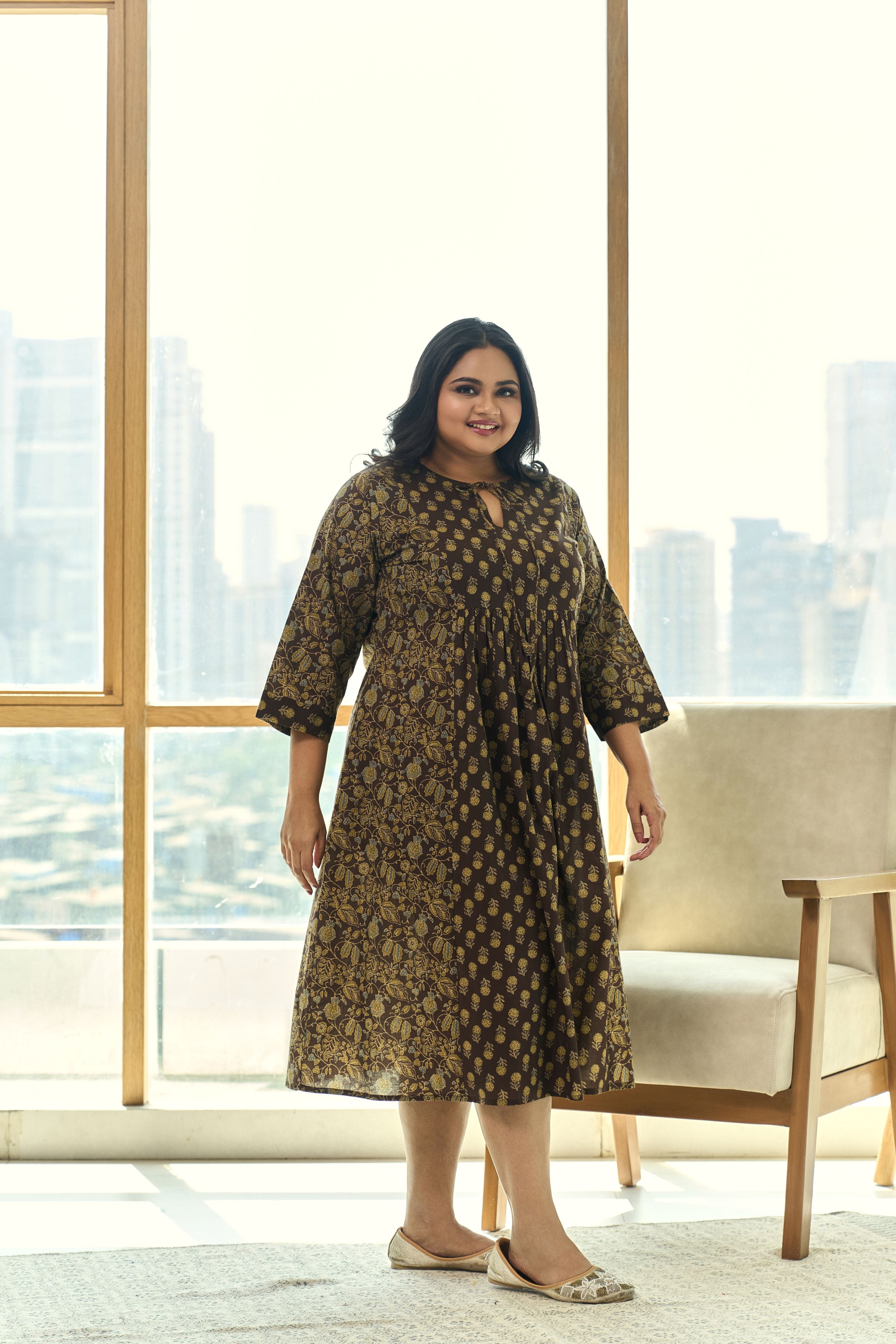 Mehendi Green Ajrakh Print Indo-Western Midi Dress