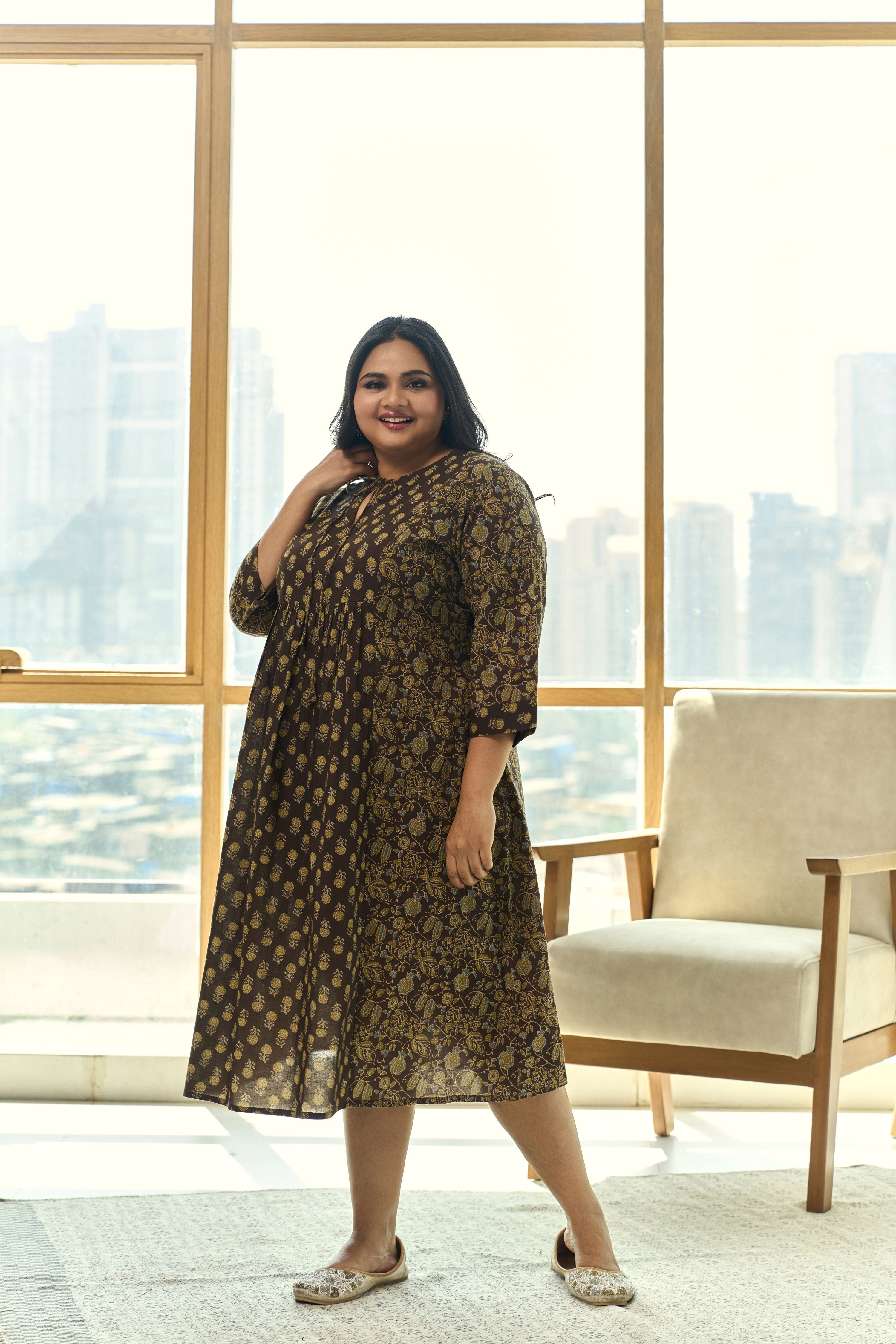 Mehendi Green Ajrakh Print Indo-Western Midi Dress