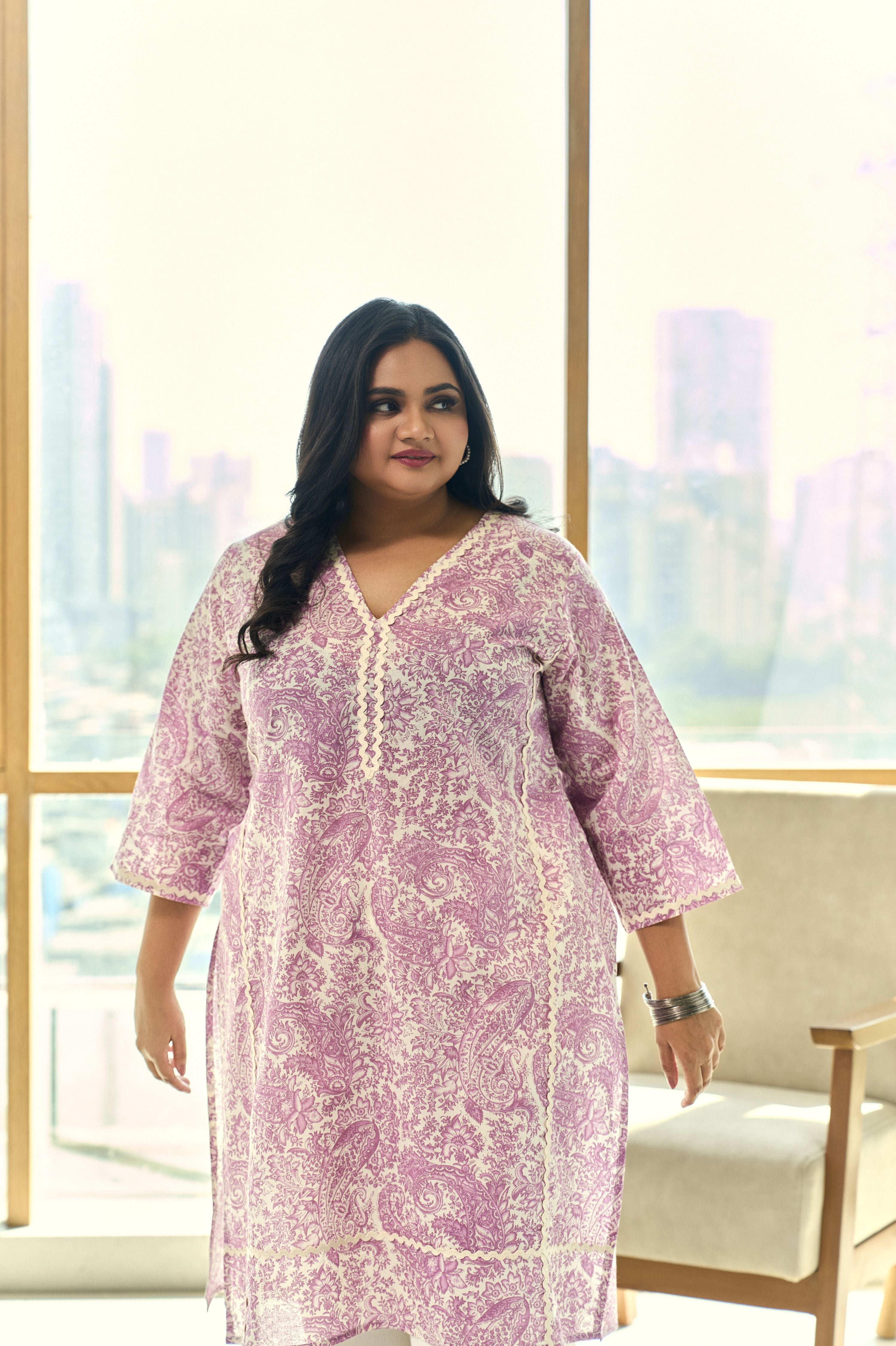 Elegant Block Print Dusty Lilac Kurta(only kurta)