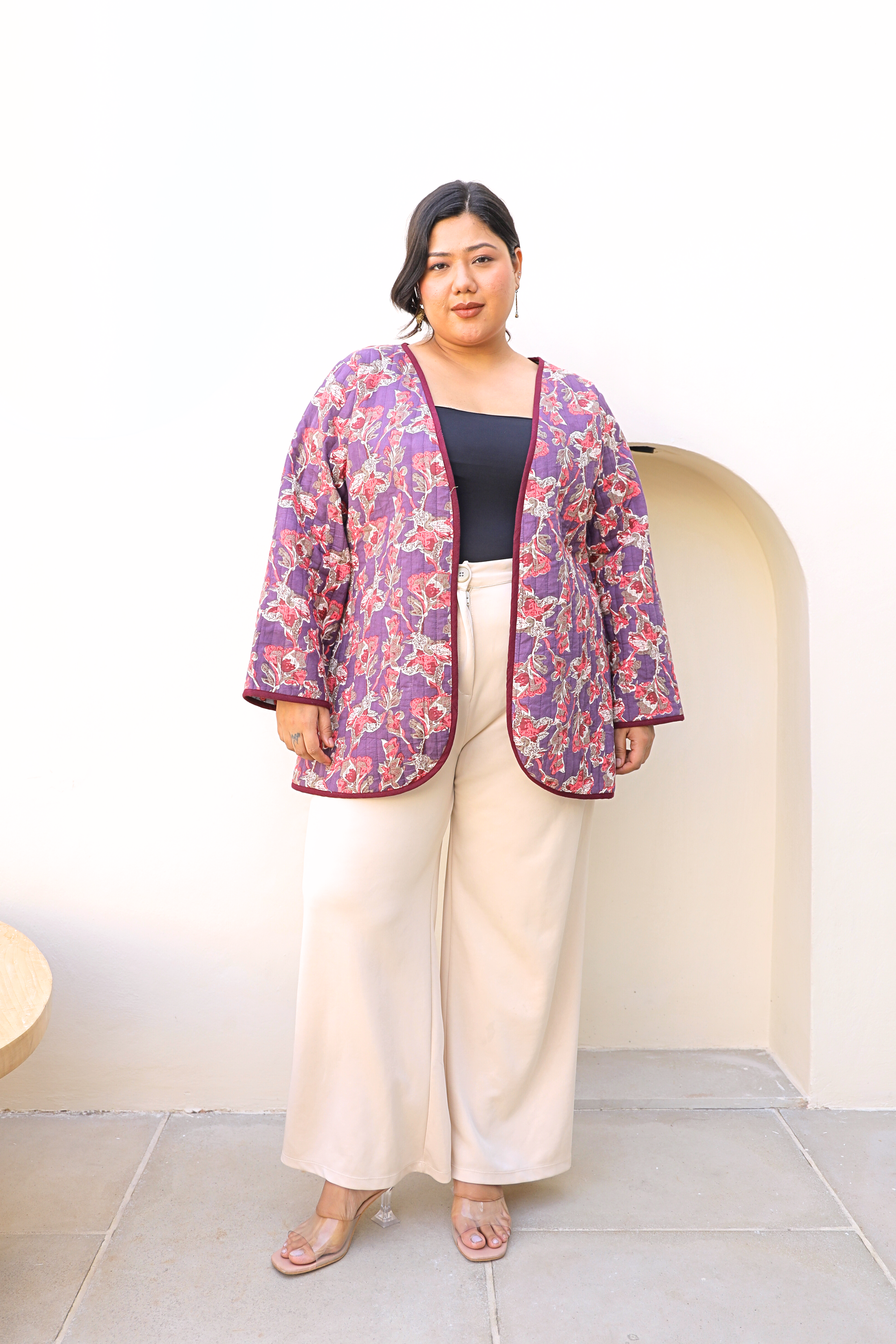 Plus Size Quilted Purple Floral Open Front Cotton Jacket For Women