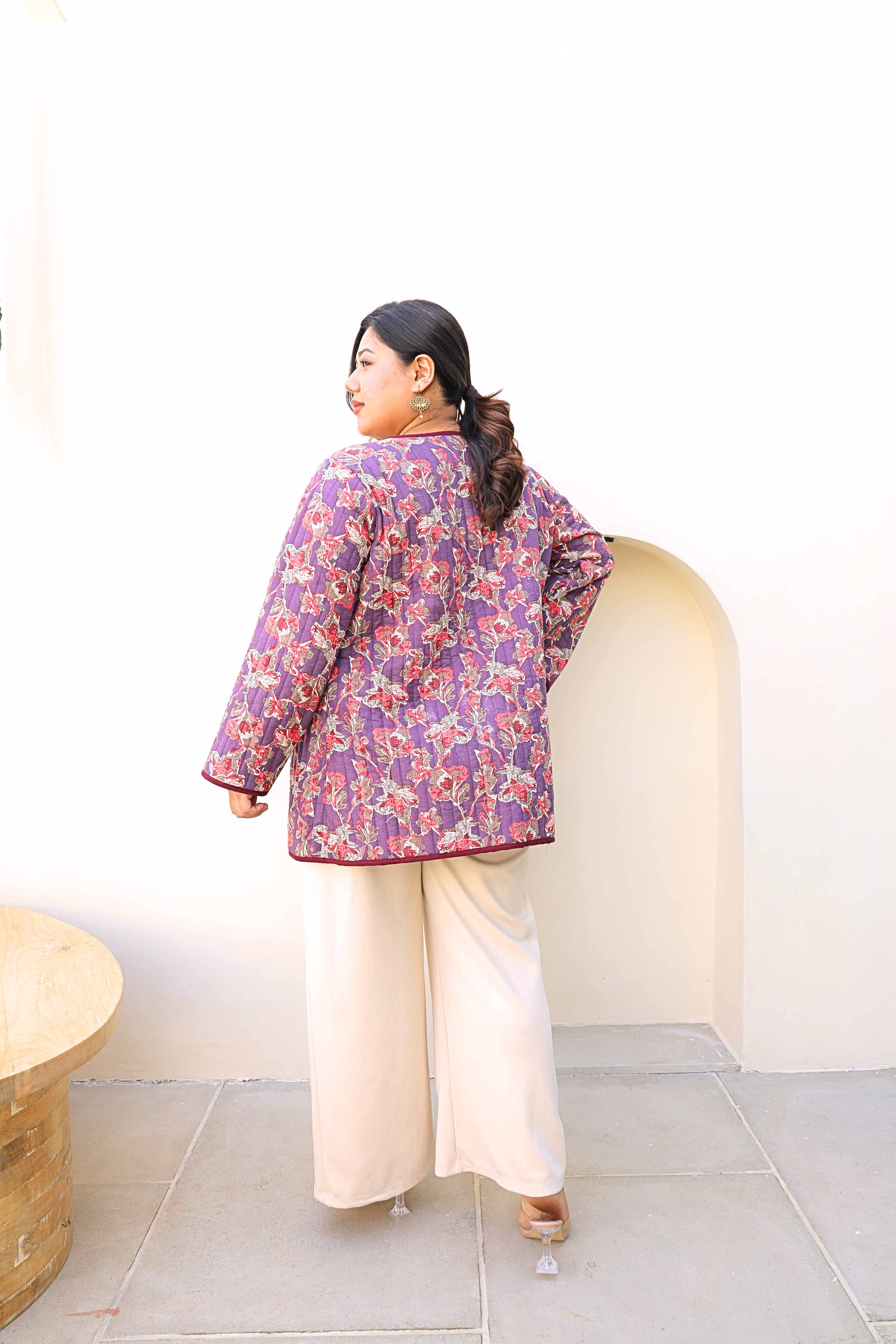 Plus Size Quilted Purple Floral Open Front Cotton Jacket For Women