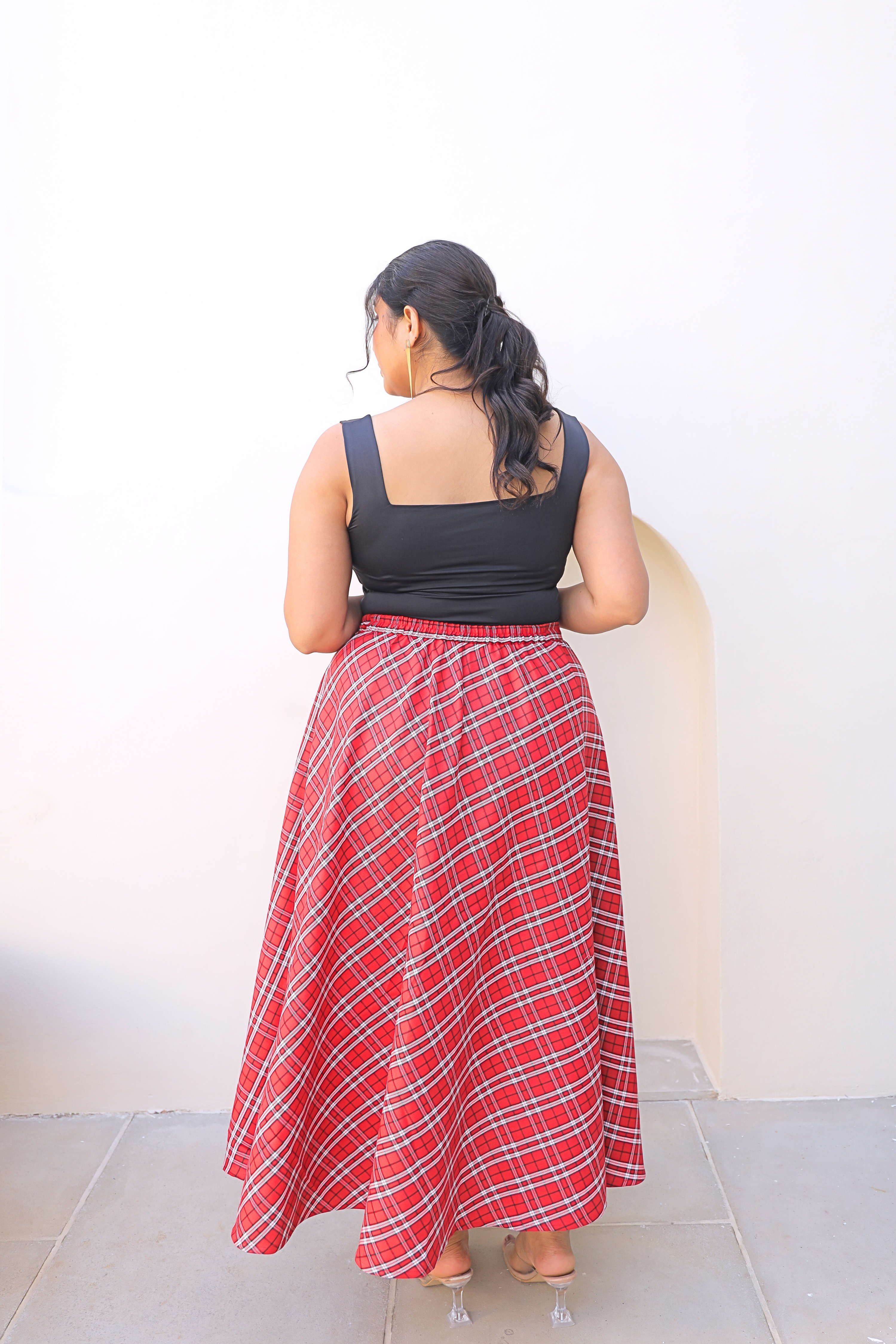 Red Checkered A-line Midi Skirt