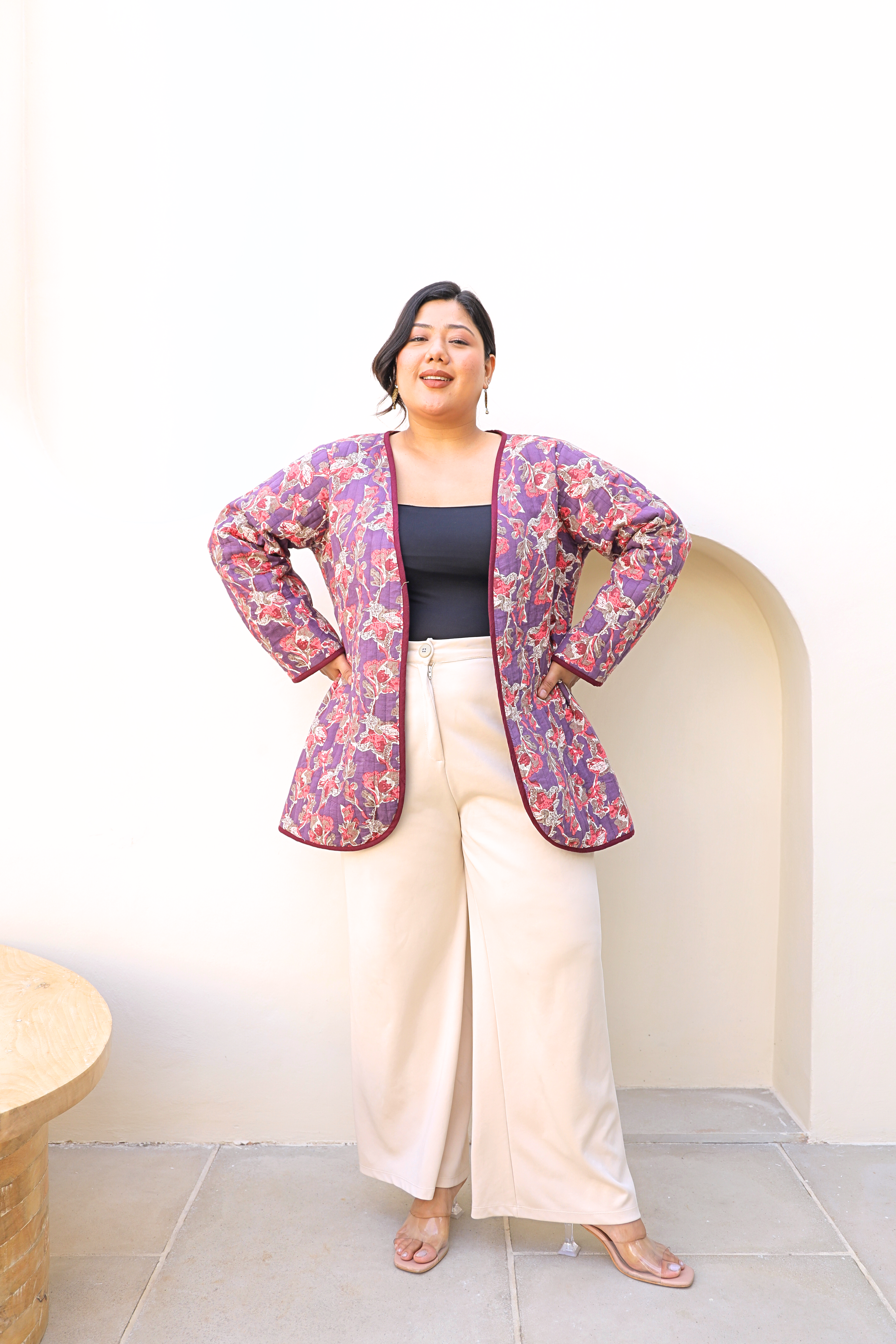 Plus Size Quilted Purple Floral Open Front Cotton Jacket For Women