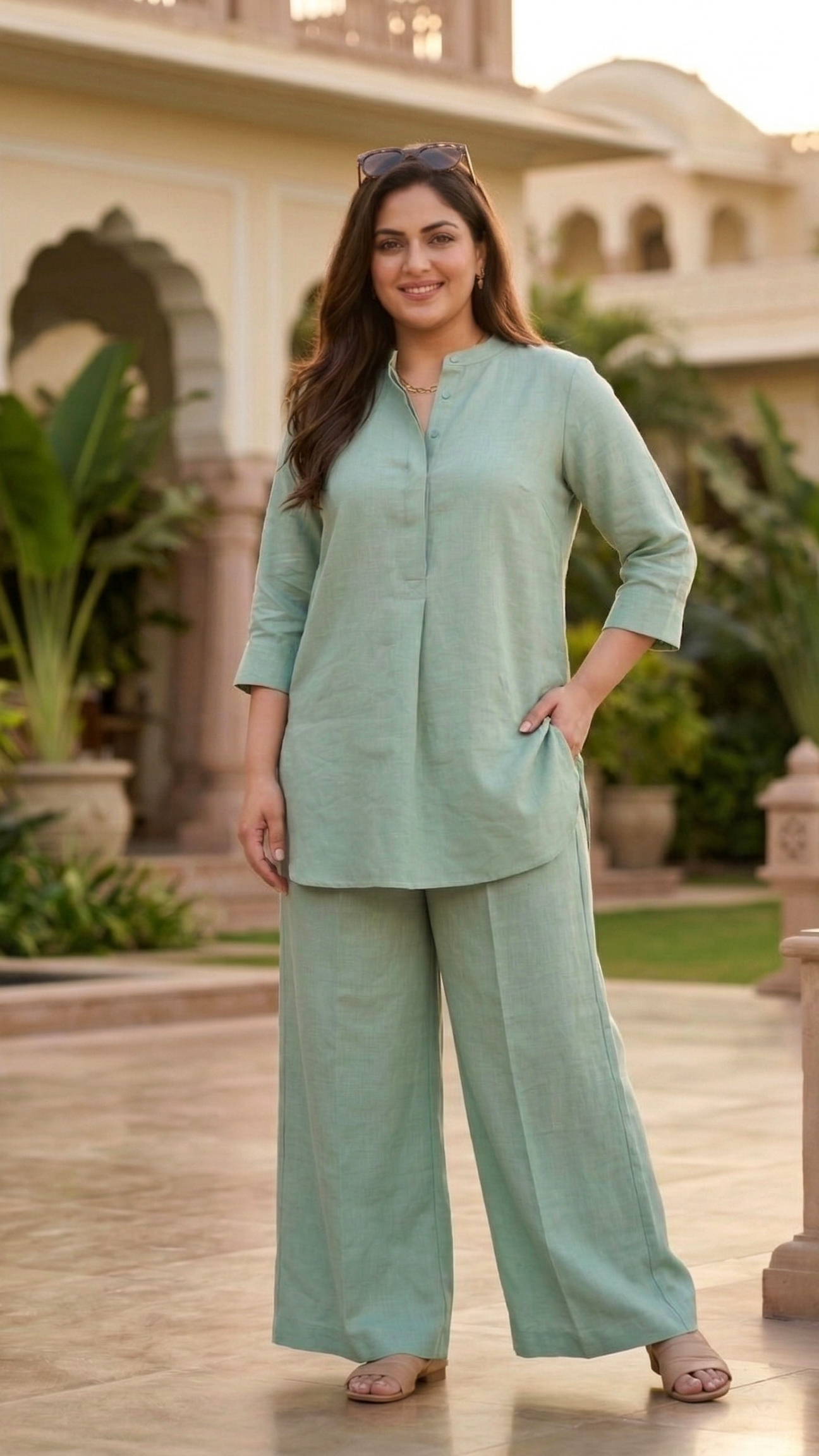 Plus Size Solid Linen Co-ord Set for Women | Elegant Kurta Co-ord Set