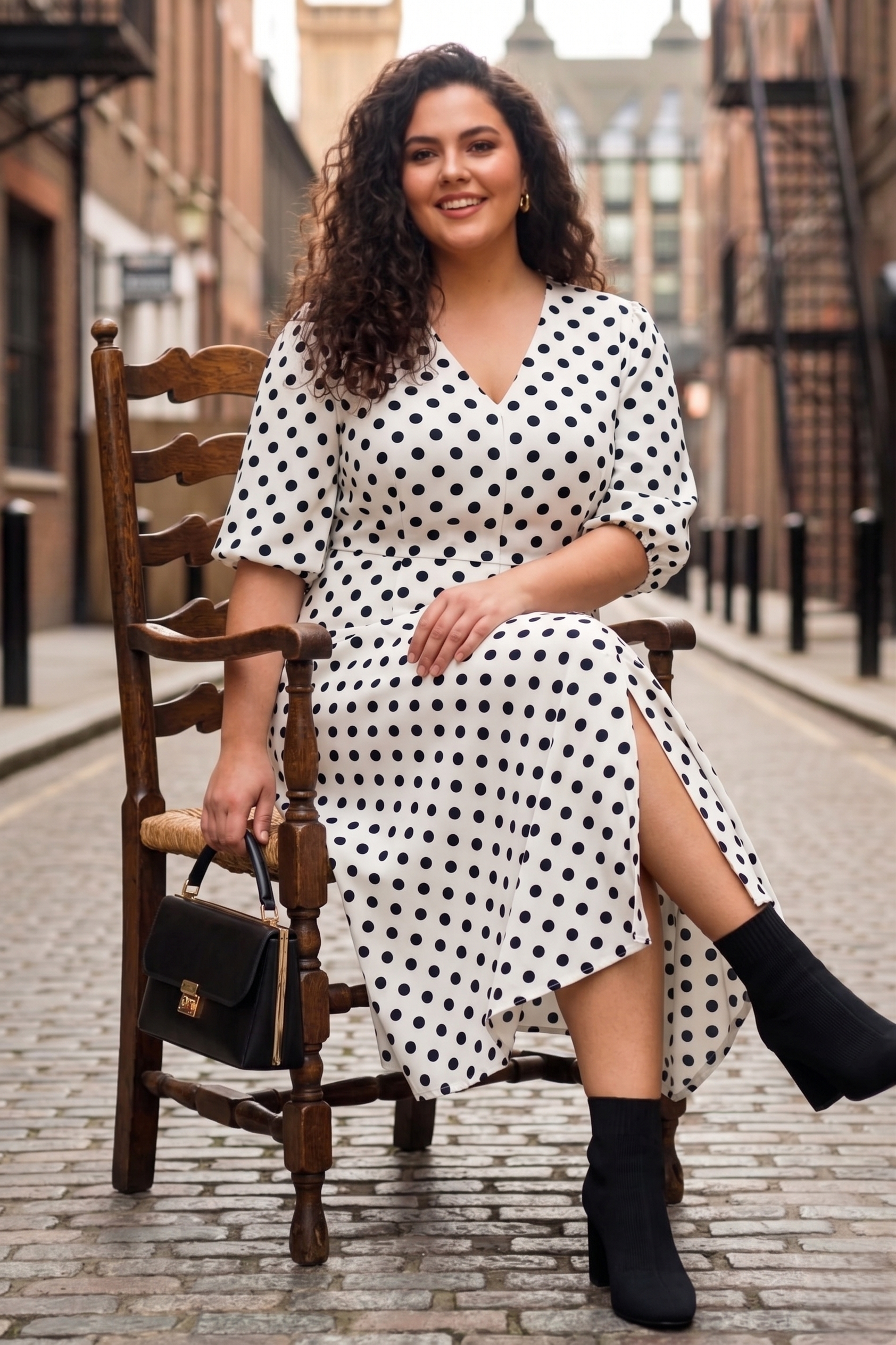 Plus Size Crepe Polka Dot Midi Dress – Elegant V-Neck Button Front Dress