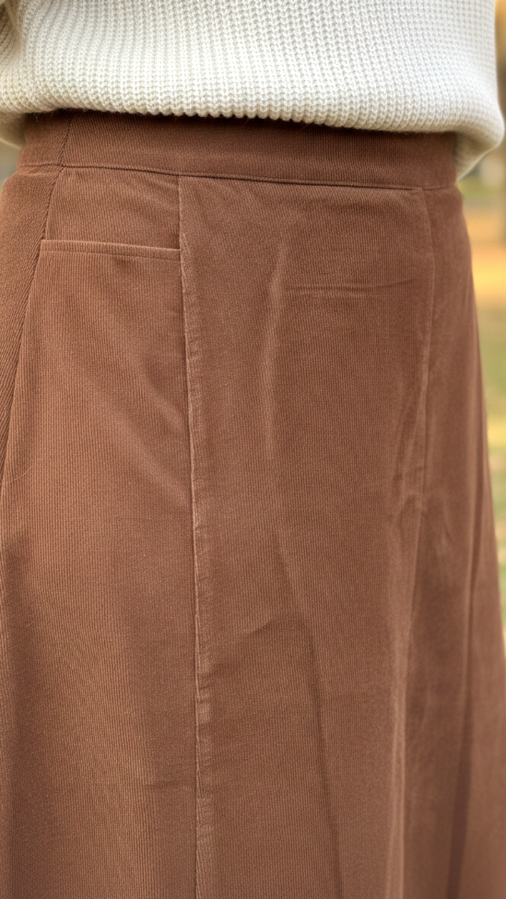 Brown High-Waisted Courduroy Midi Skirt