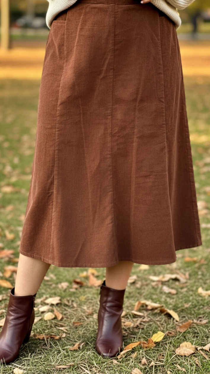 Brown High-Waisted Courduroy Midi Skirt