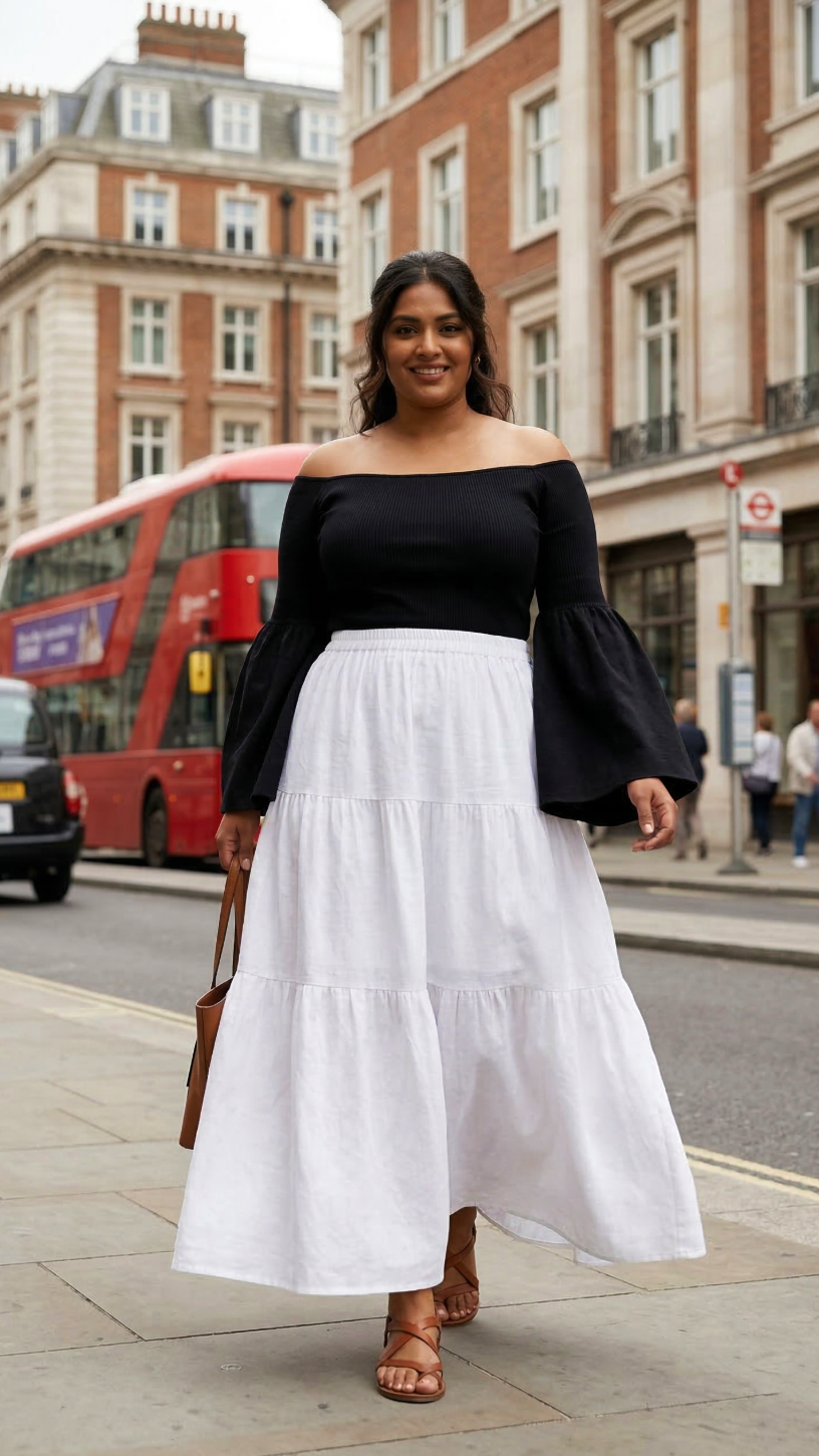 Plus Size White Rayon Tiered Skirt for Women – Elegant Flowy Casual Skirt