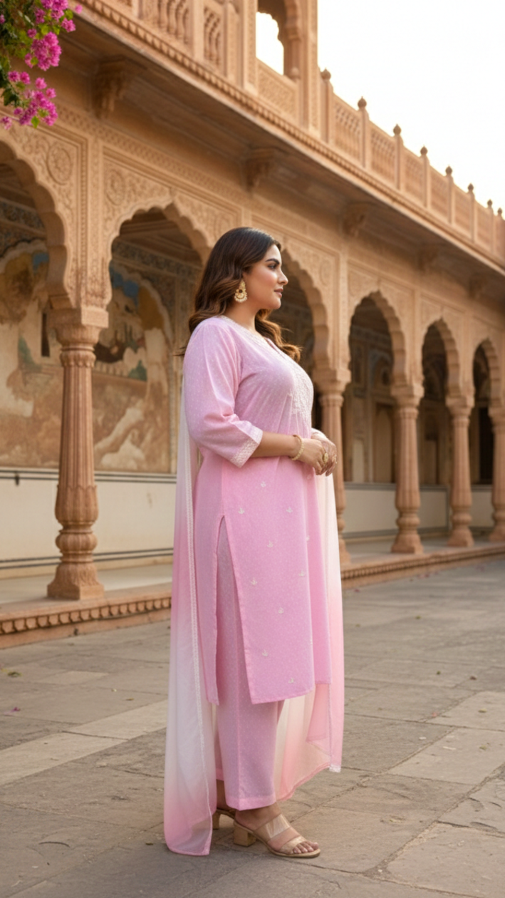 Plus Size Women’s Pink Embroidered Kurta Set with Dupatta – Festive Ethnic Wear