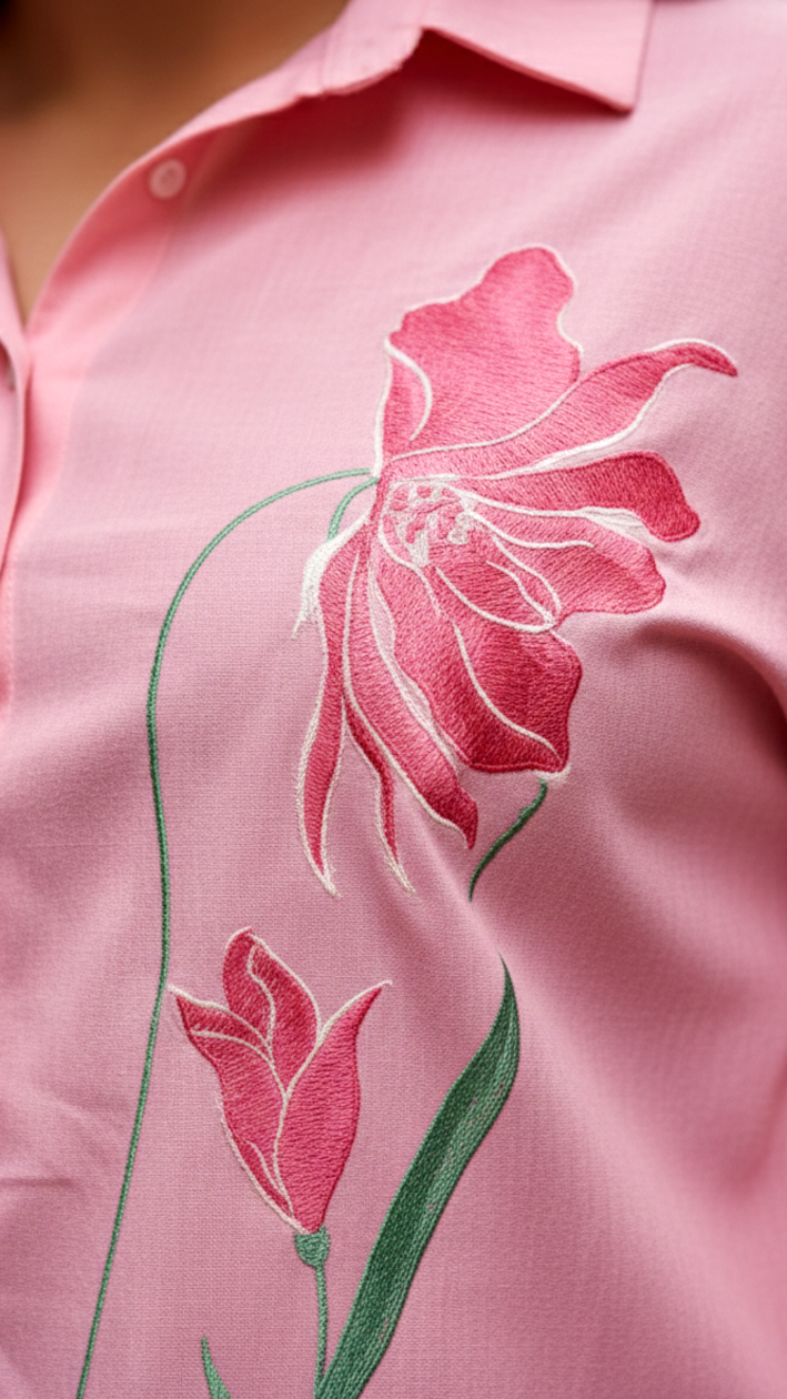 Plus Size Women’s Pink Embroidered Cotton Shirt – Oversized Casual Fit