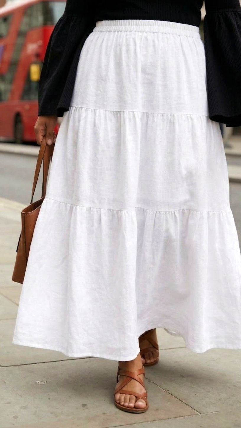Plus Size White Rayon Tiered Skirt for Women – Elegant Flowy Casual Skirt