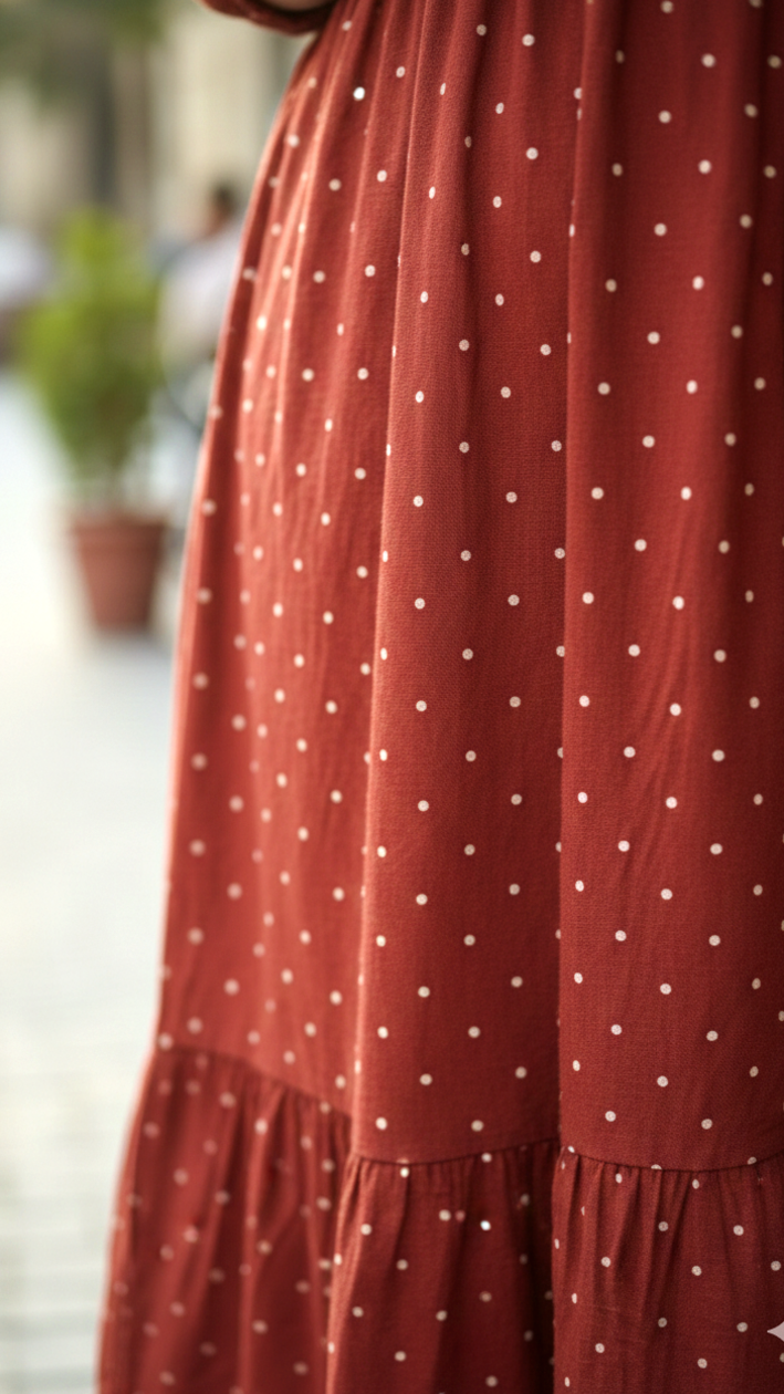 Plus Size Rust Printed Tiered Midi Dress – Casual Everyday A-Line Dress