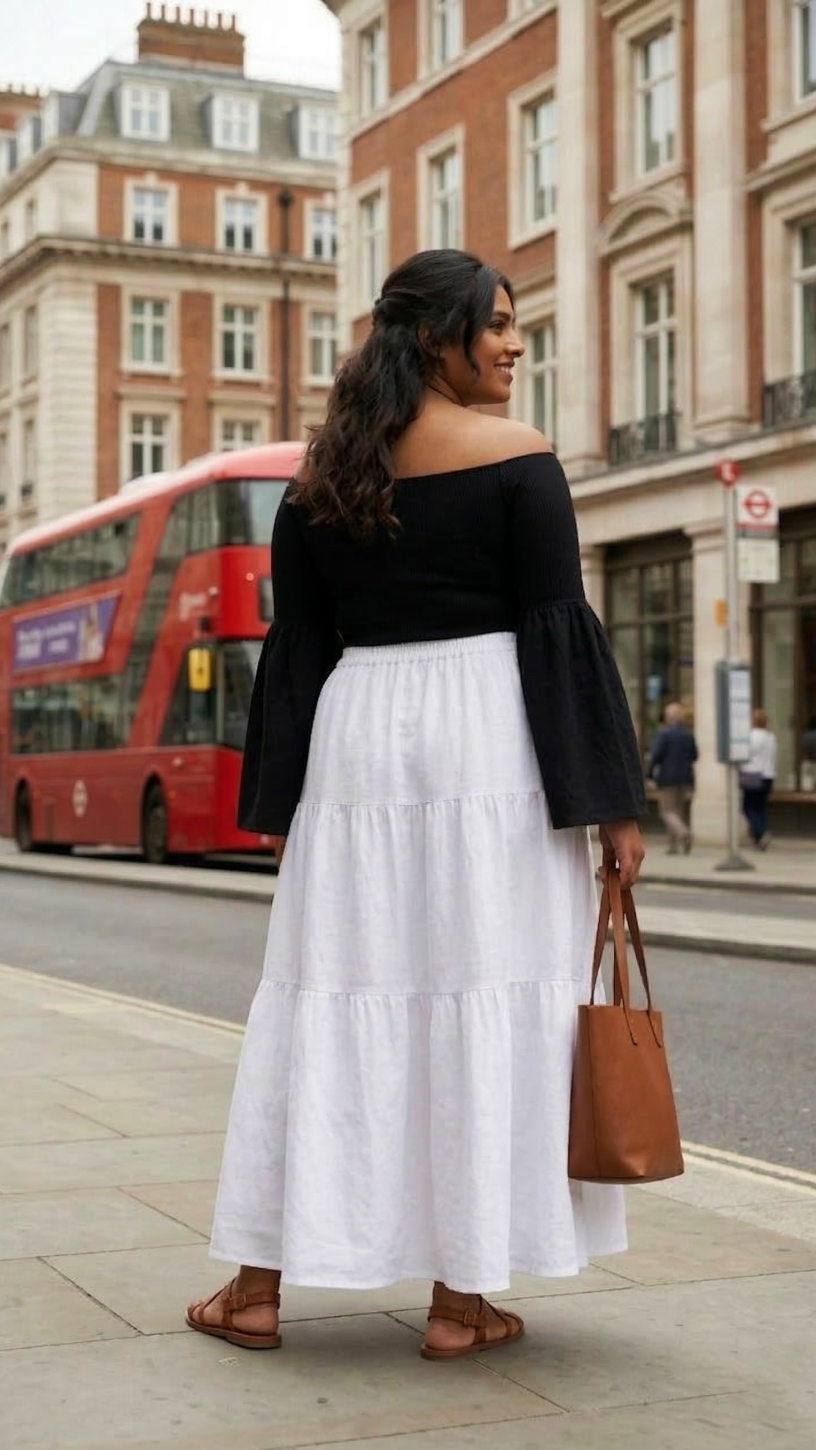 Plus Size White Rayon Tiered Skirt for Women – Elegant Flowy Casual Skirt