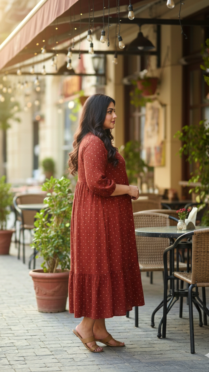 Plus Size Rust Printed Tiered Midi Dress – Casual Everyday A-Line Dress