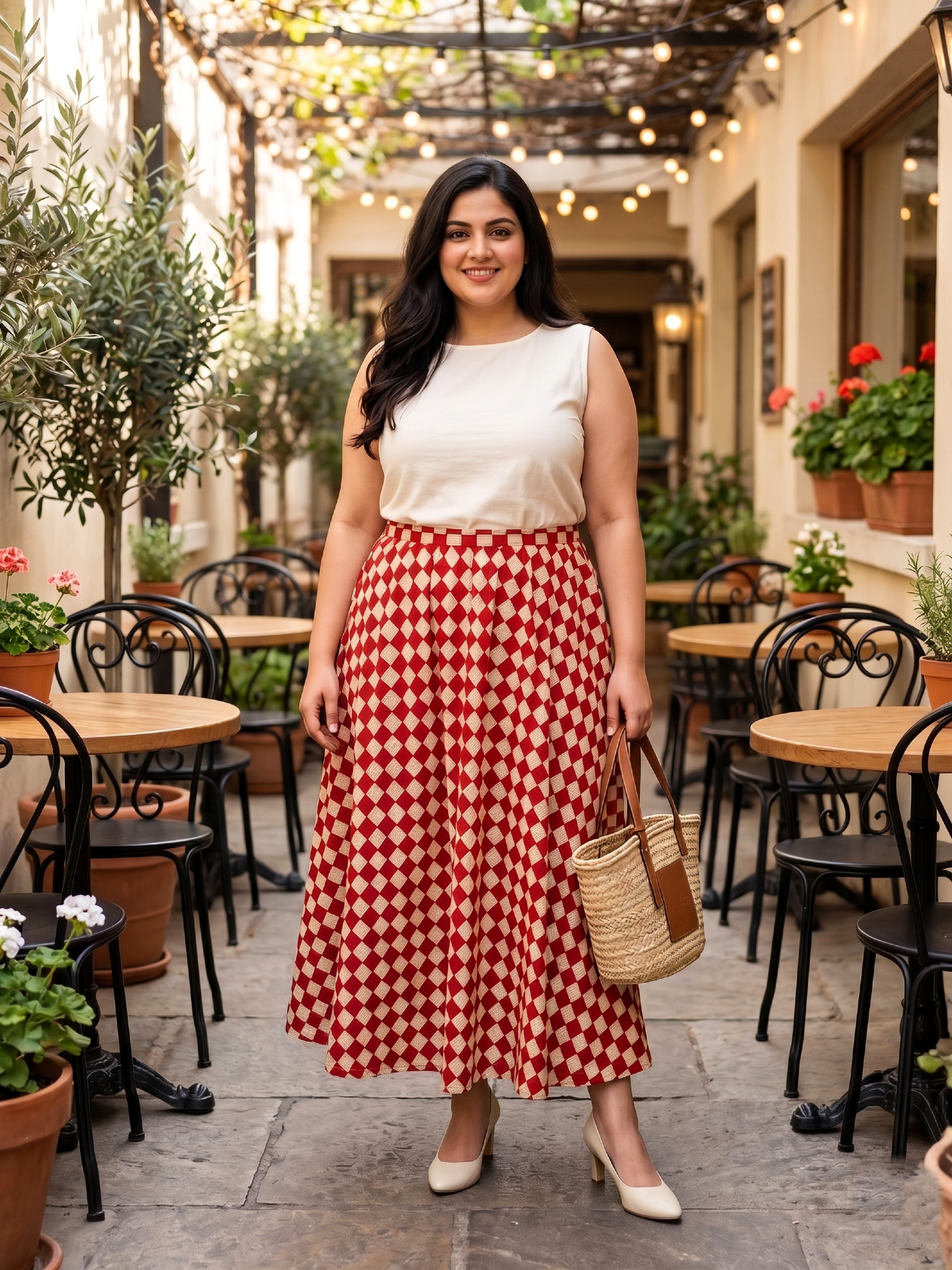 Plus Size Cotton Checkered Midi Skirt – High Waist Flared Skirt (Red & Beige)