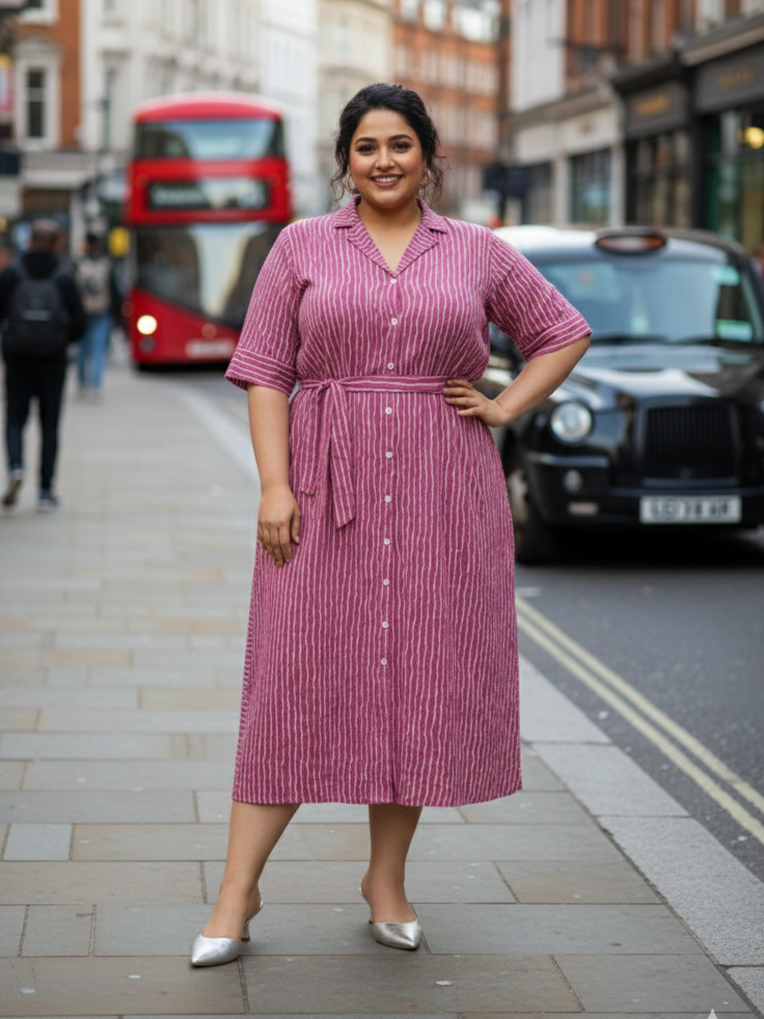 Mauve Pink Striped Cotton Shirt Dress