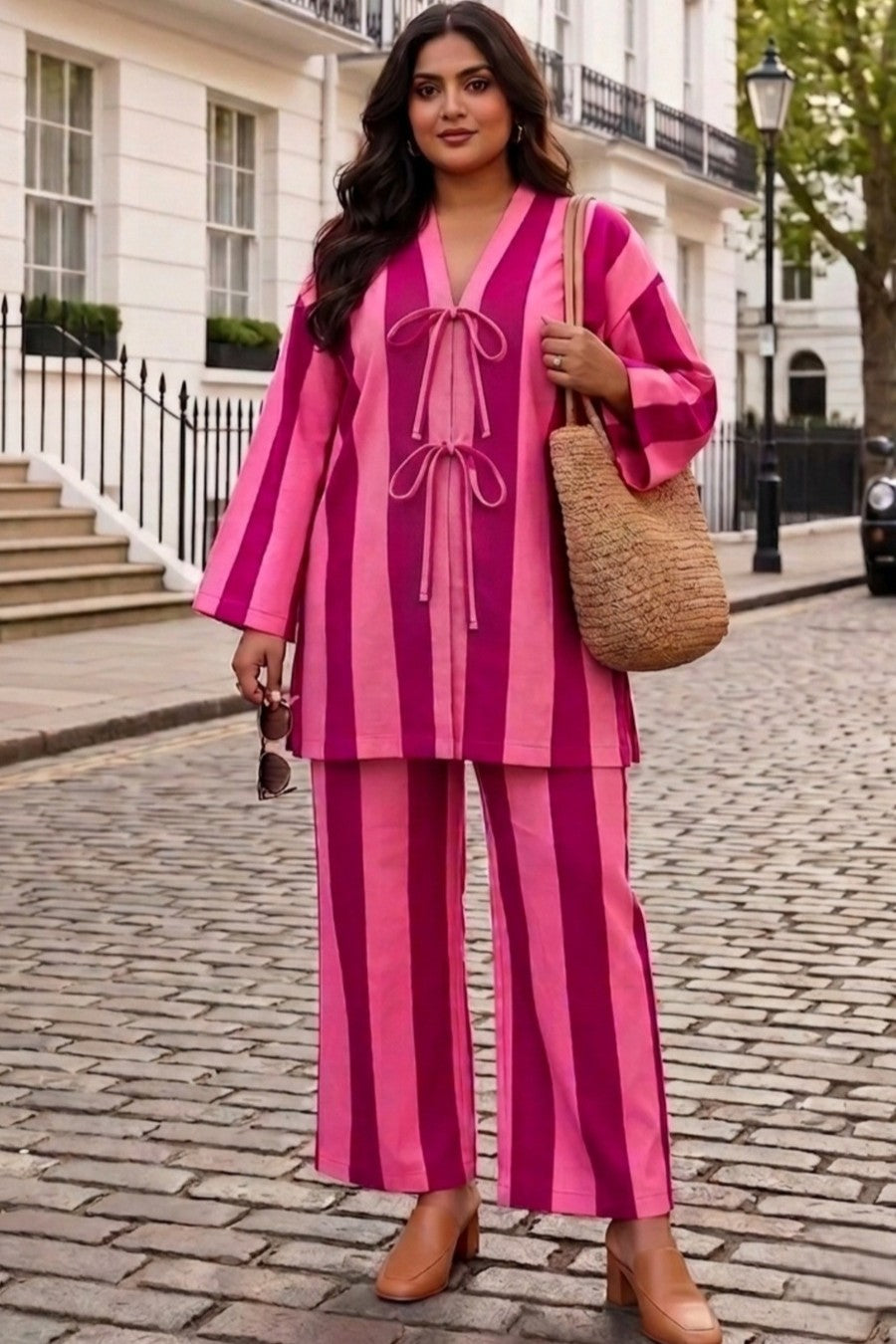 Plus Size Pink Striped Cotton Cord Set for Women | Co-Ord Set with Straight Pants