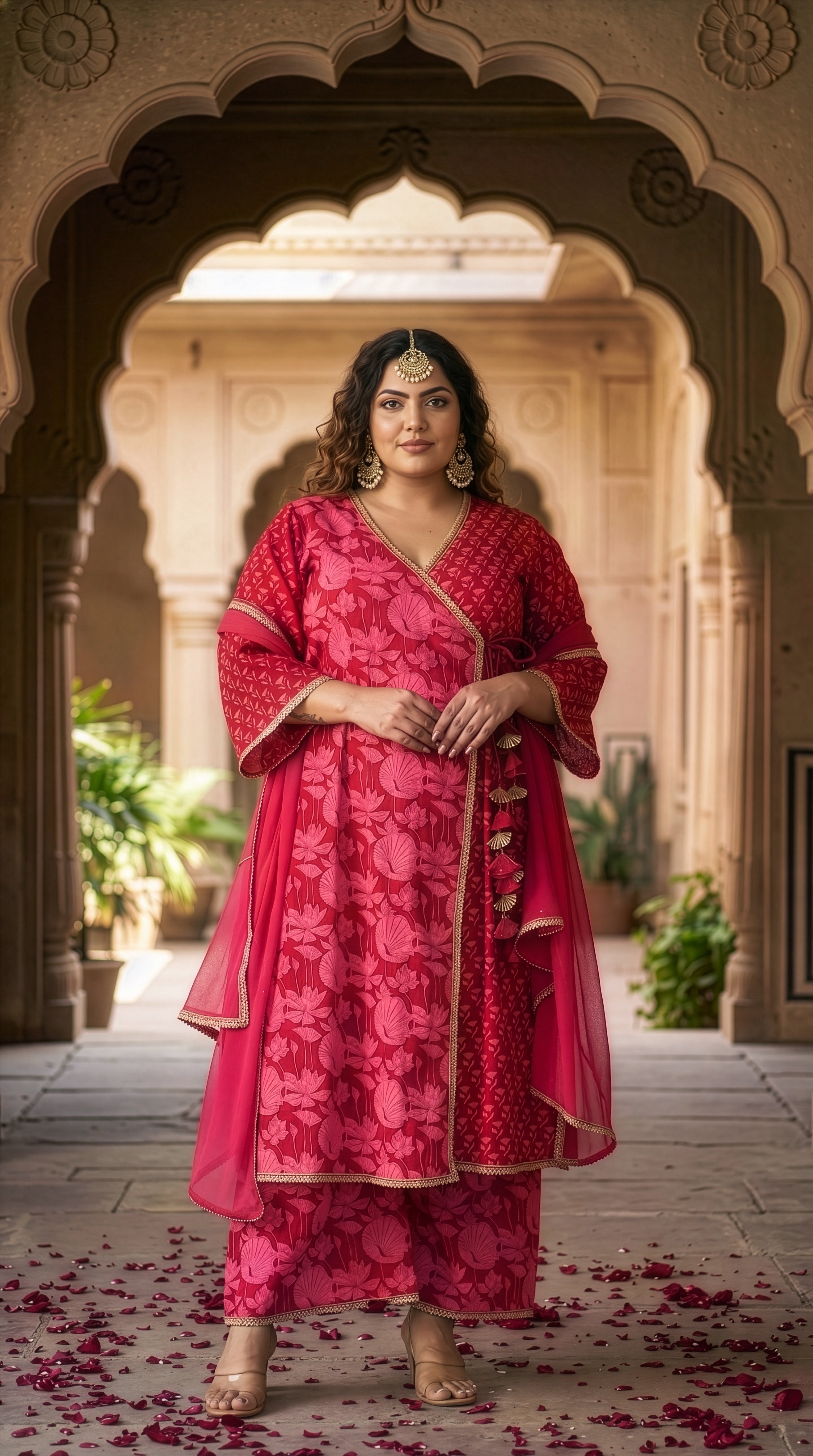 Plus Size Pink Floral Cotton Kurta Suit Set (3 pcs) – Elegant Ethnic Wear for Women