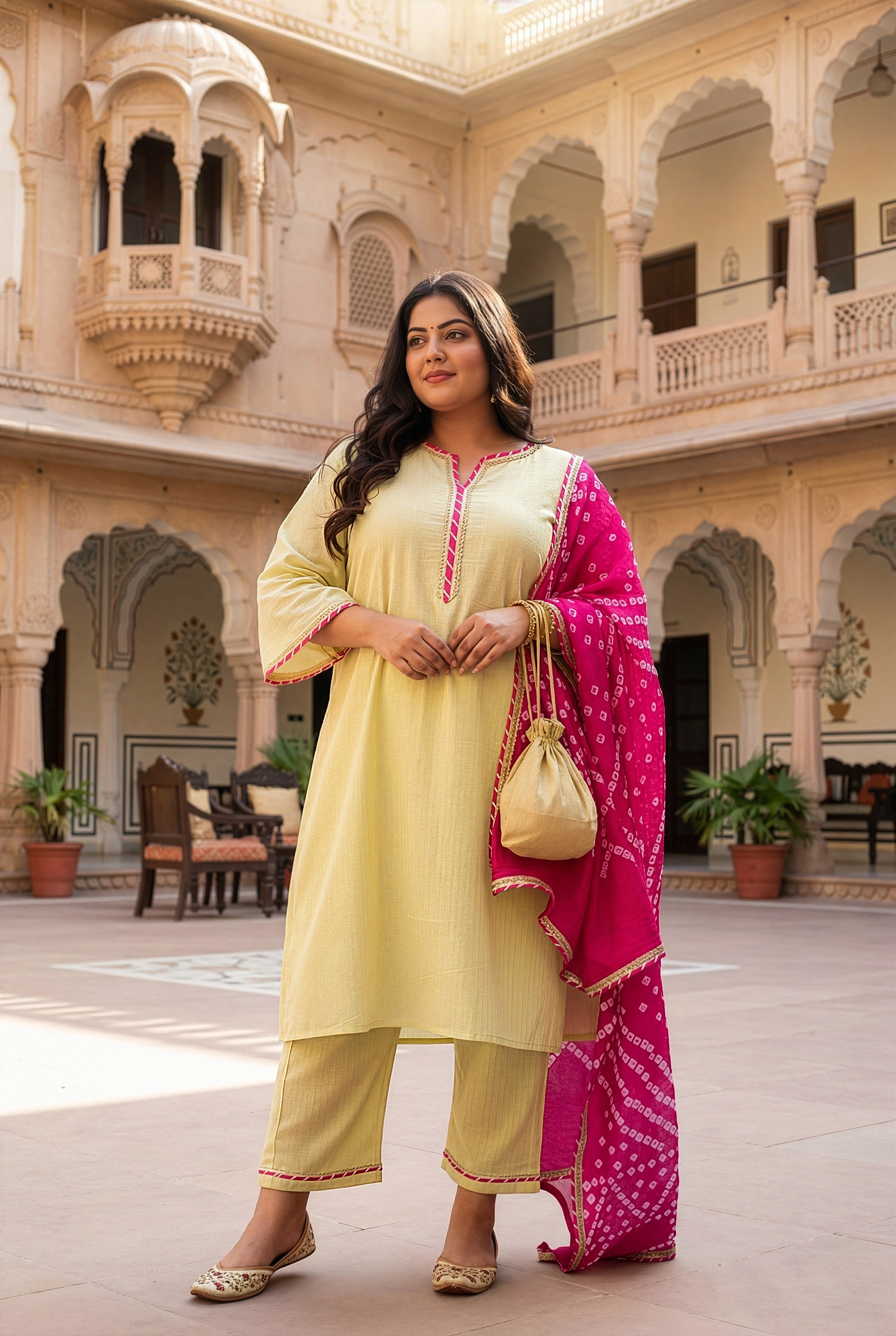 Lime Kurta Suit Set with Pink Bandhani Dupatta