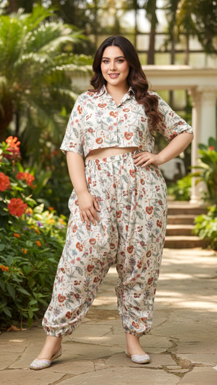 Fresh Bloom White Floral Cotton Co ord Set with Balloon Pants
