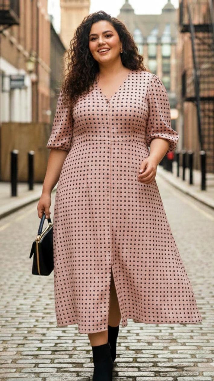Plus Size Women’s Polka Dot Midi Dress – Elegant A-Line