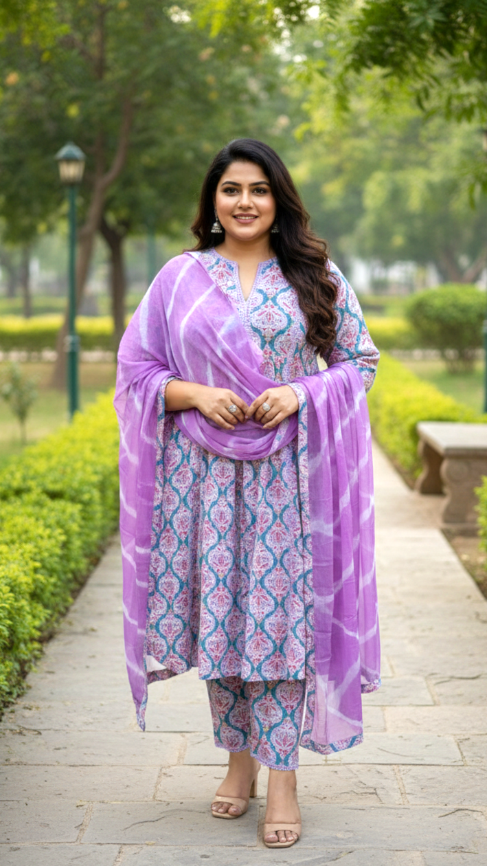 Turq & Lilac Block Print Kurta (Set of 3) with Leheriya Dupatta