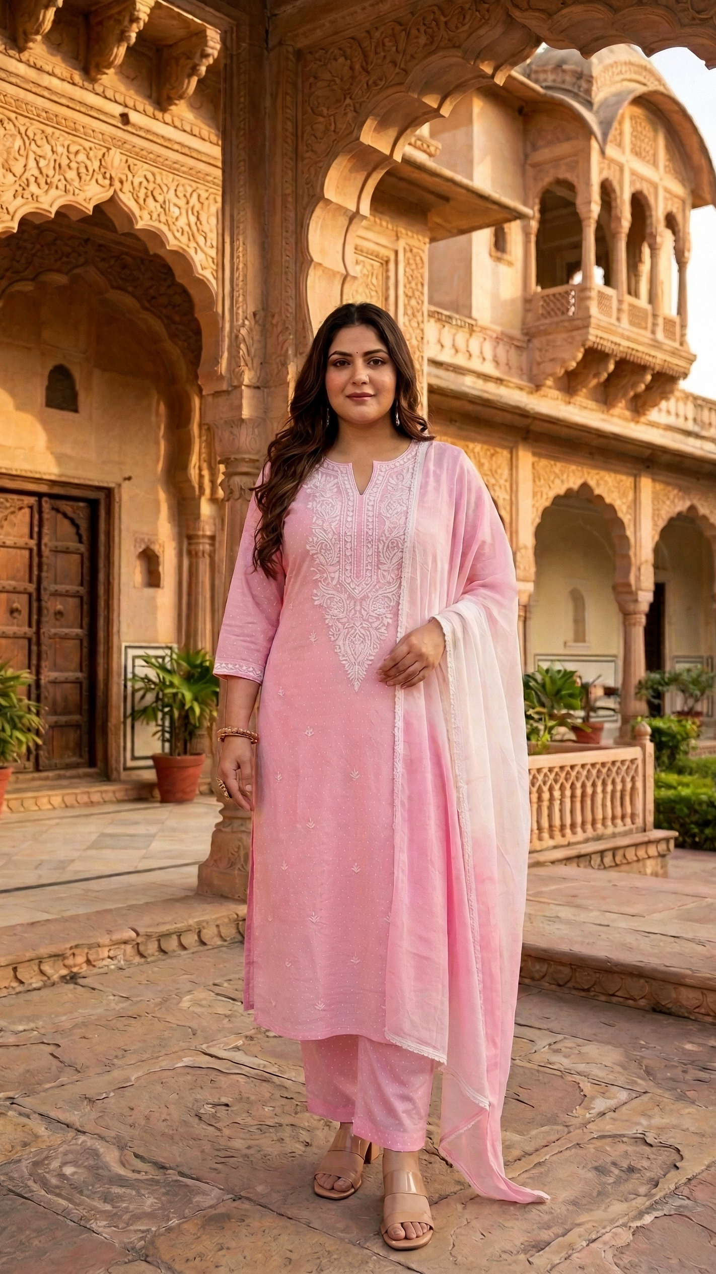Plus Size Women’s Pink Floral Lucknawi Kurta Set with Leheriya Dupatta – Festive Ethnic Wear