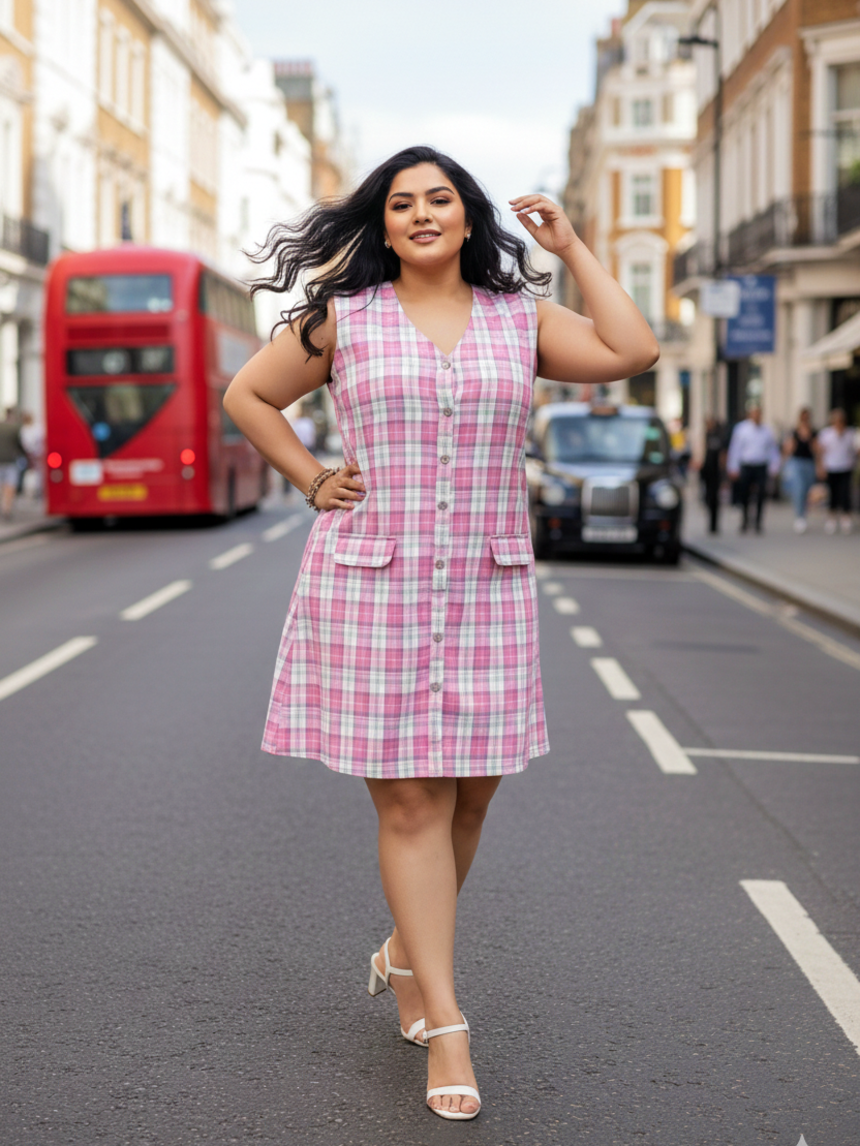 Pink Checked A-Line Mini Dress