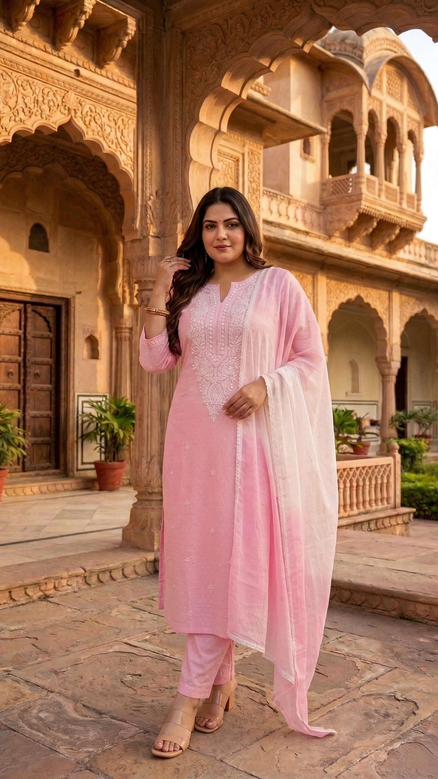 Plus Size Women’s Pink Floral Lucknawi Kurta Set with Leheriya Dupatta – Festive Ethnic Wear