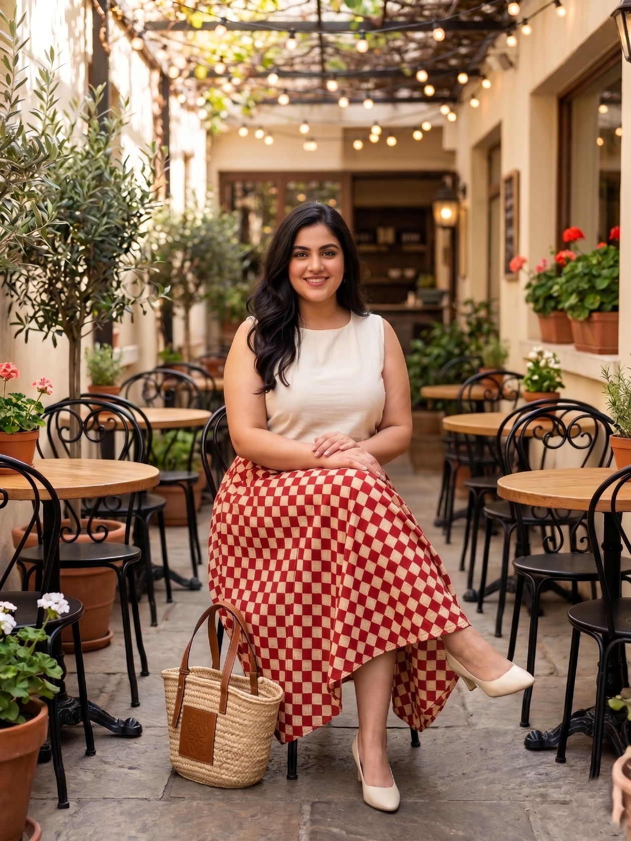 Plus Size Cotton Checkered Midi Skirt – High Waist Flared Skirt (Red & Beige)