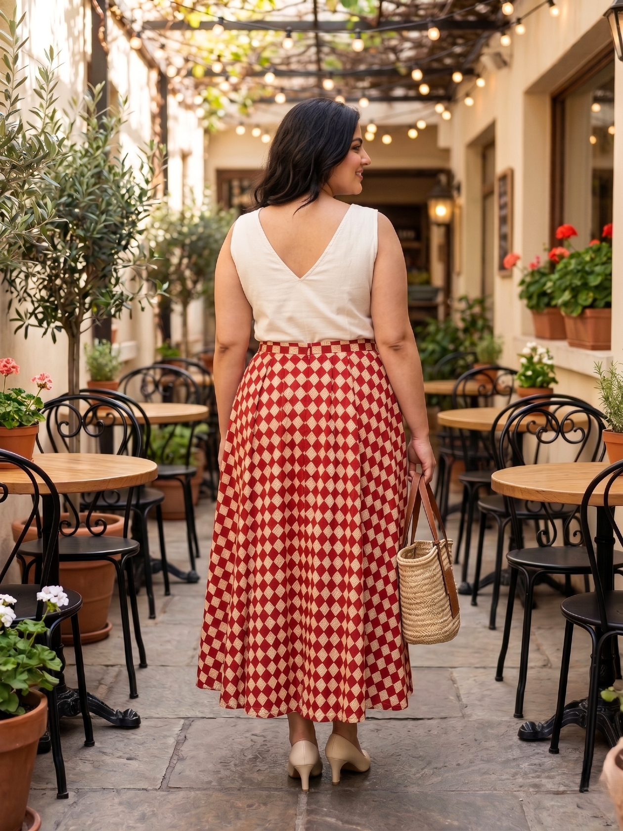 Plus Size Cotton Checkered Midi Skirt – High Waist Flared Skirt (Red & Beige)
