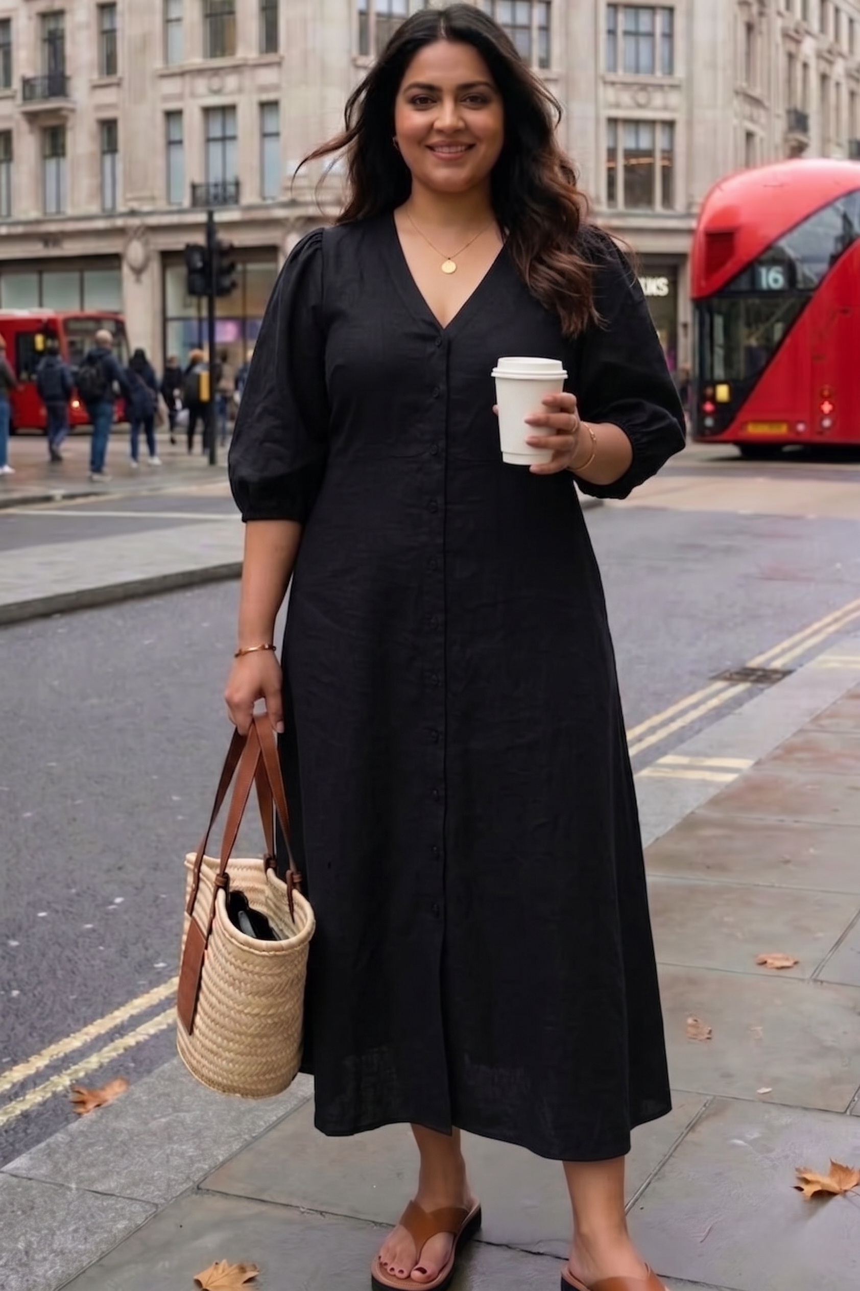 Plus Size Black Cotton Linen Midi Dress – V-Neck Button Down Dress