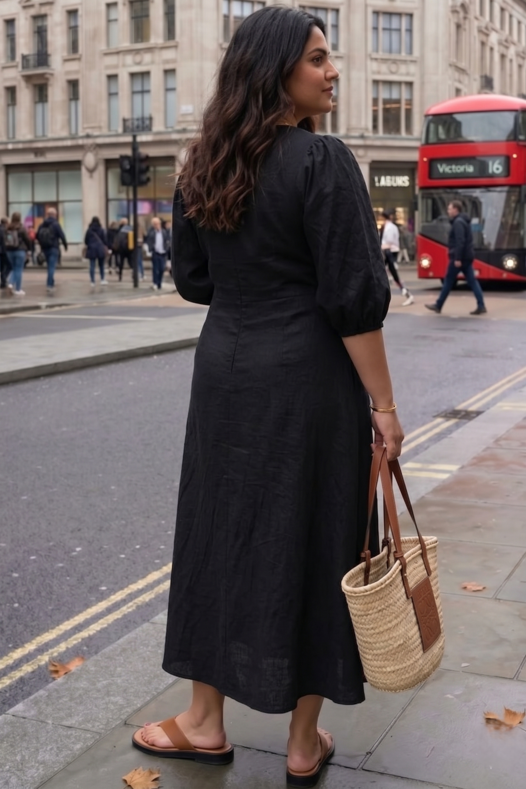 Plus Size Black Cotton Linen Midi Dress – V-Neck Button Down Dress