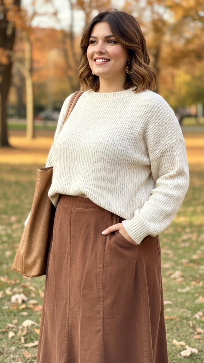 Brown High-Waisted Courduroy Midi Skirt