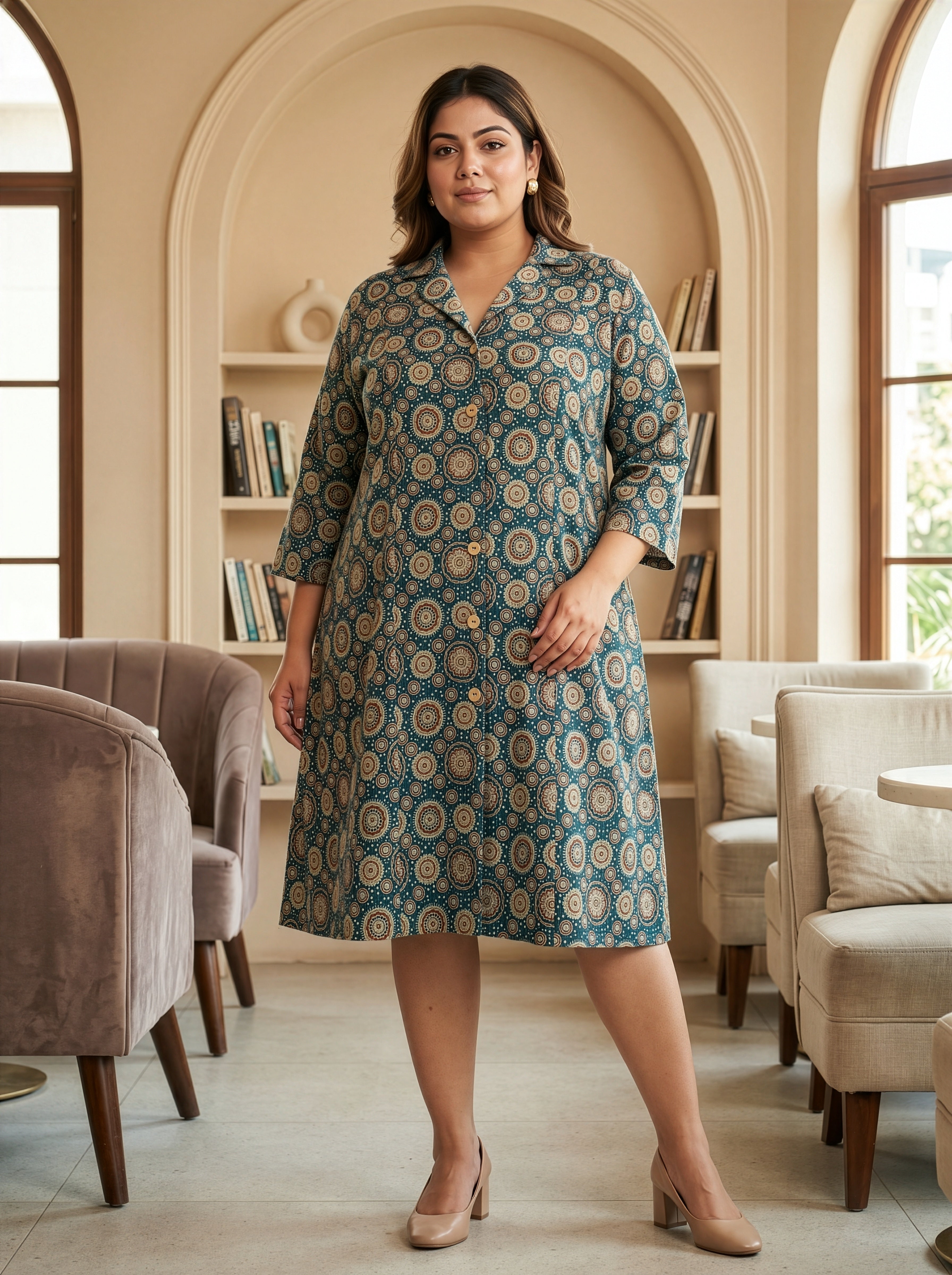 Plus Size Teal Blue Ajrakh Print Cotton Shirt Dress for Women – Kantha Work