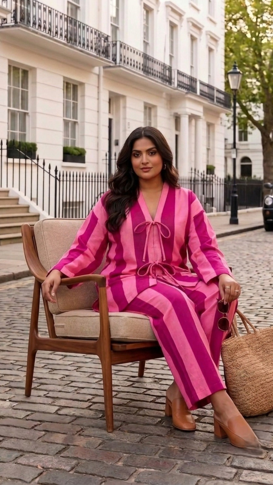 Plus Size Pink Striped Cotton Cord Set for Women | Co-Ord Set with Straight Pants
