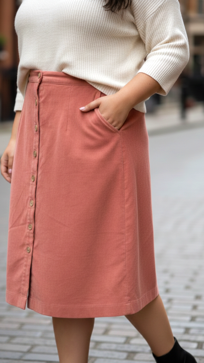 Pink High-Waisted Courduroy Midi Skirt