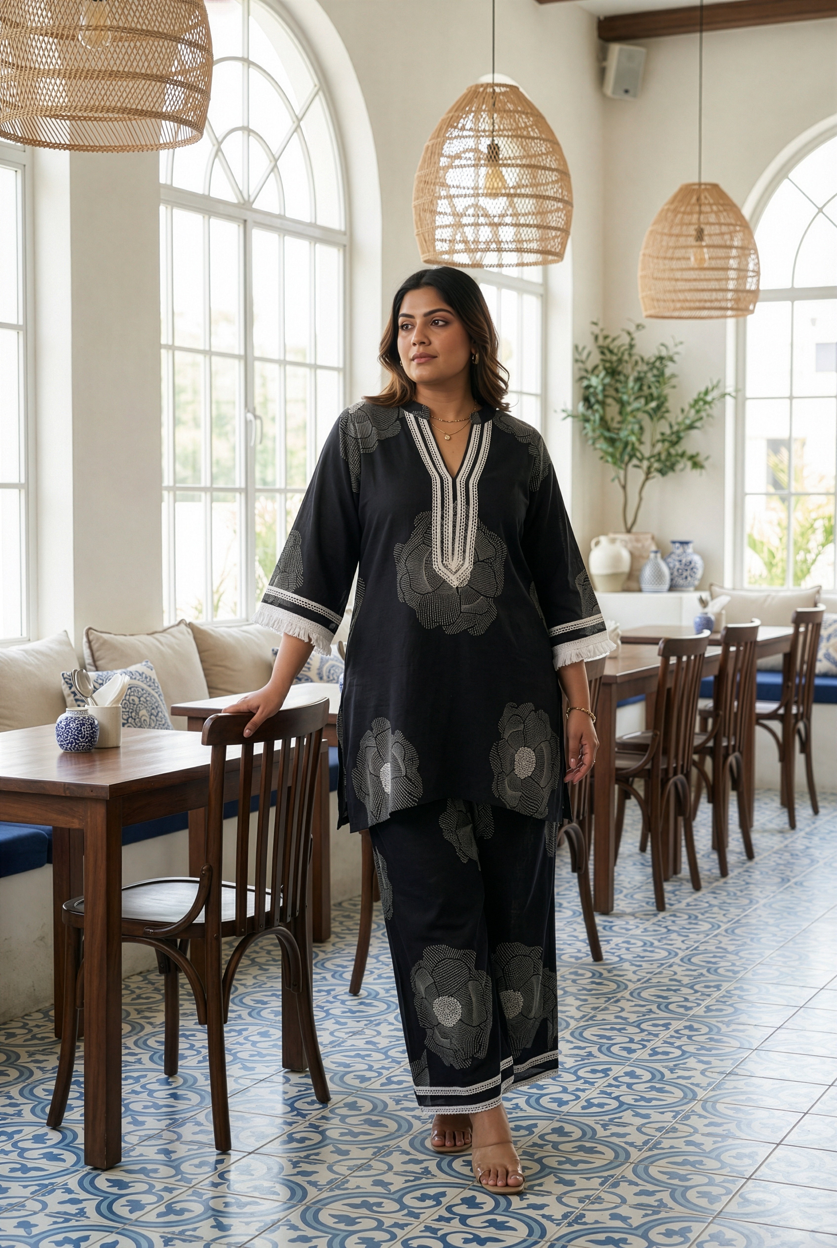 Black & White Co-ord Set With Floral Motifs