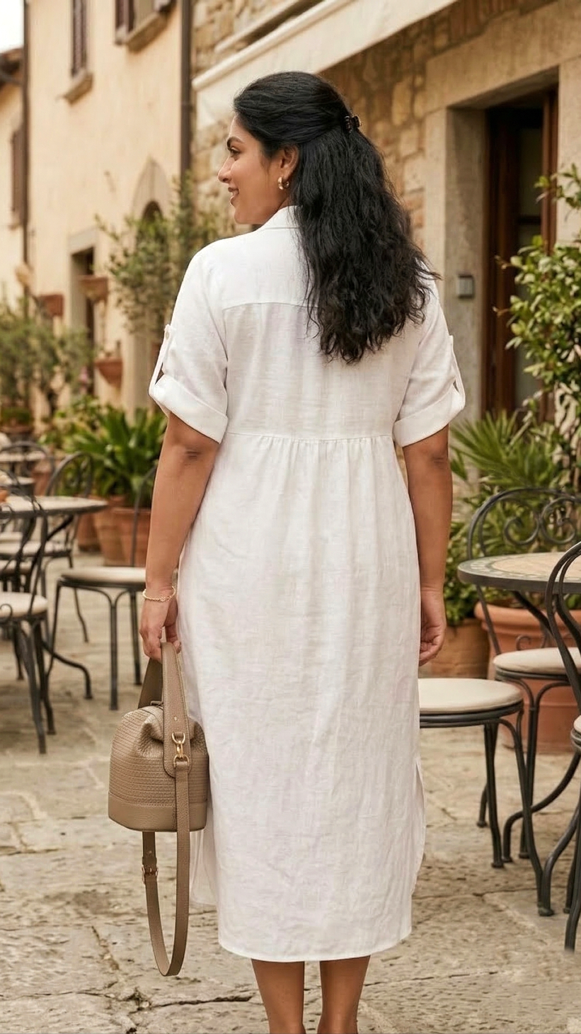 Plus Size White Cotton Shirt Dress for Women – Elegant Casual Midi Dress