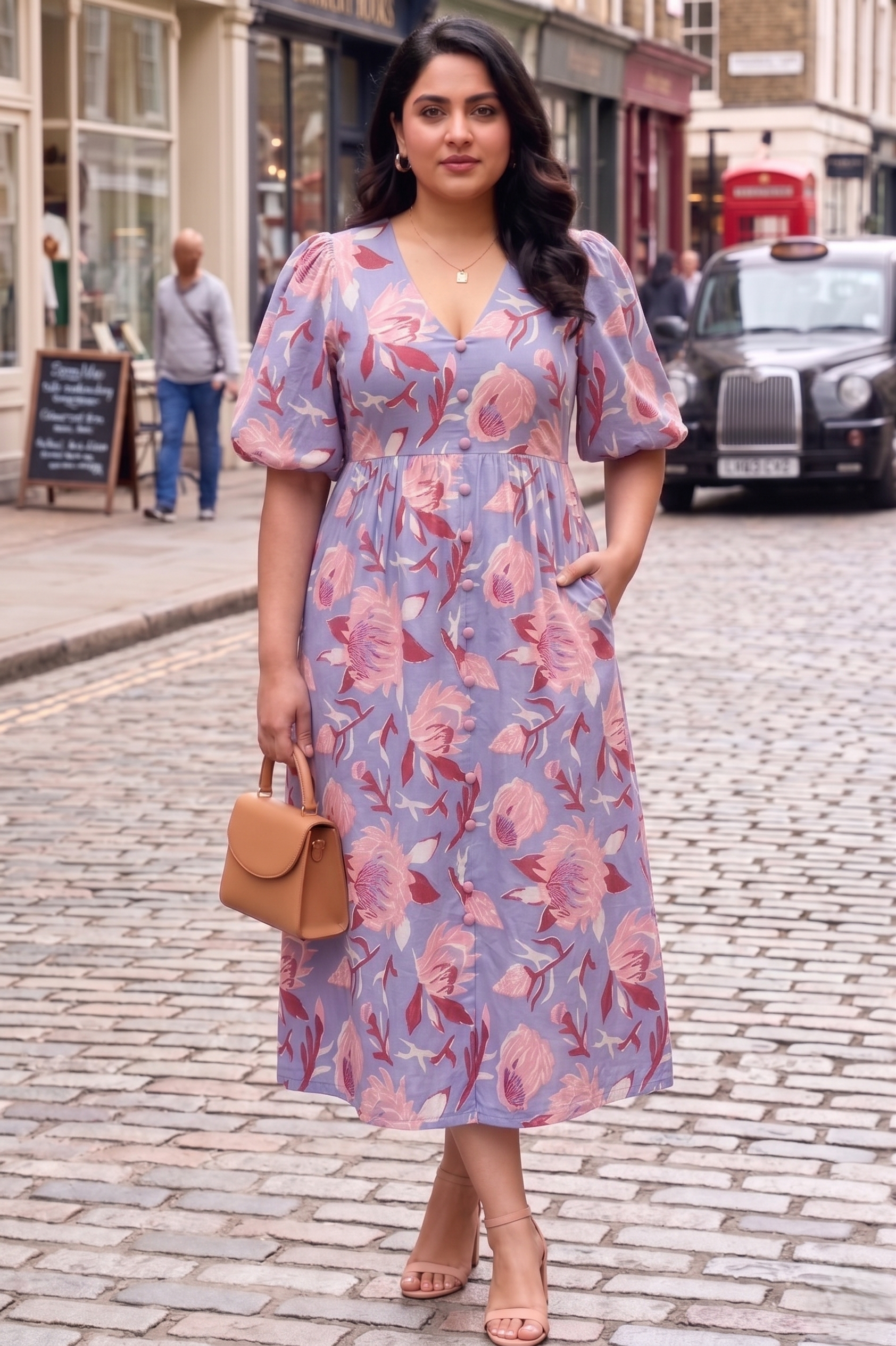 Plus Size Cotton Lilac Floral Midi Dress – V-Neck Puff Sleeve Summer Dress