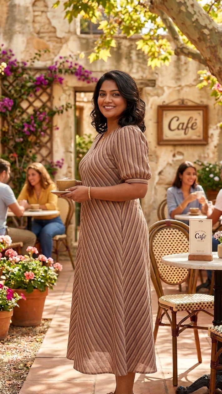 Plus Size Trendy Striped A-line Cotton Mocha Maxi Dress with Pockets