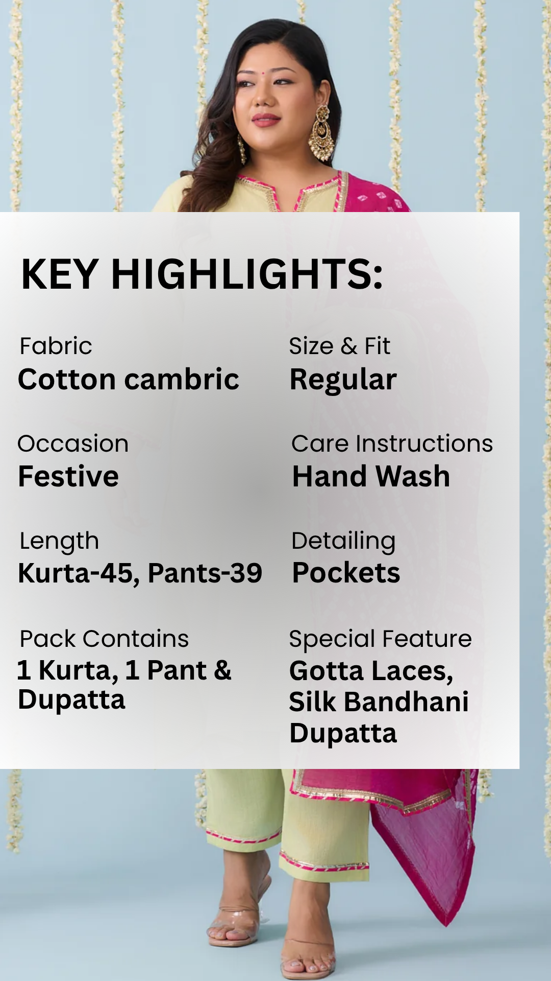 Lime Kurta Suit Set with Pink Bandhani Dupatta