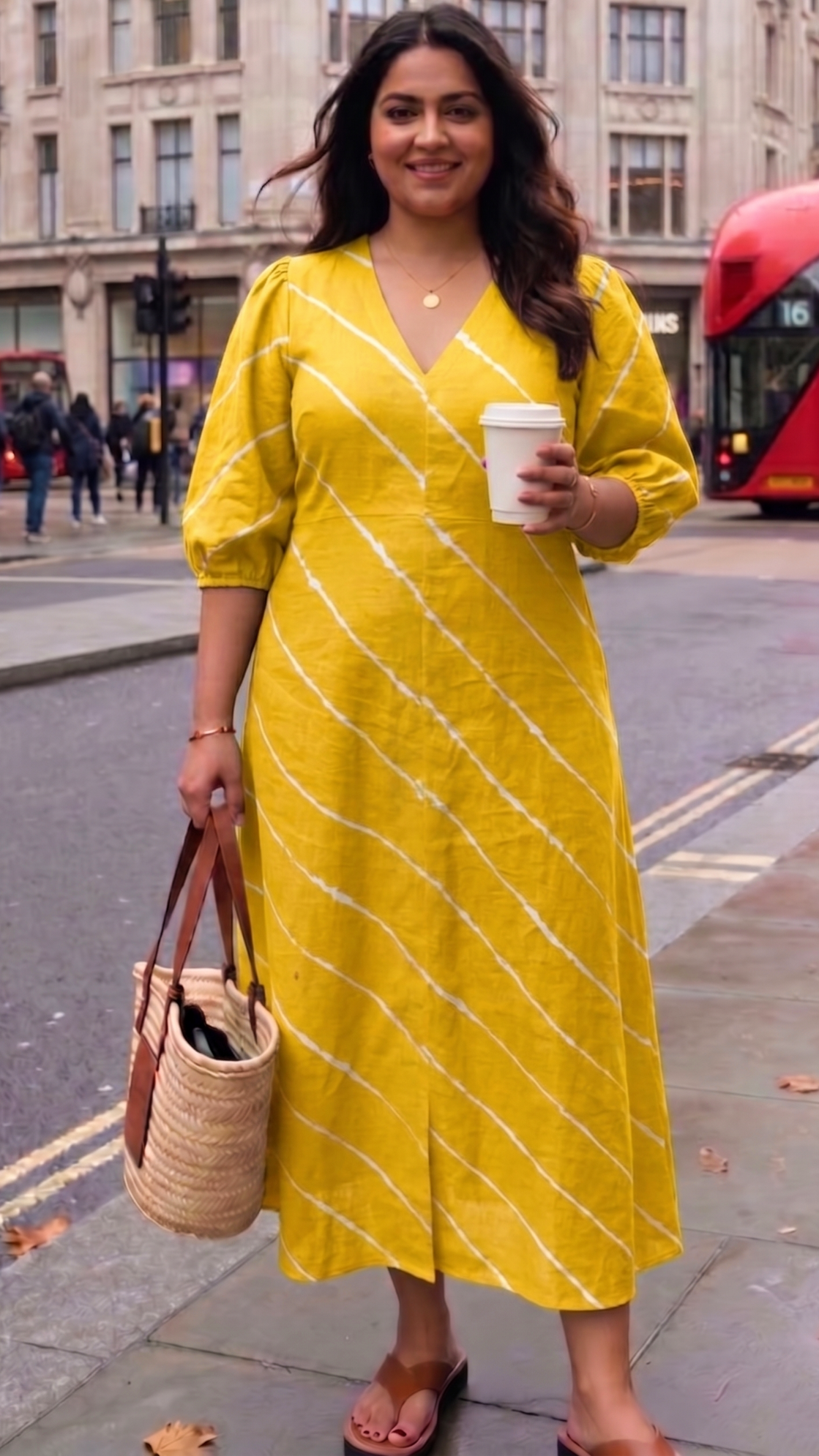 Plus Size Yellow Cotton Midi Dress – Tie-Dye Stripe V-Neck Casual Dress for Women