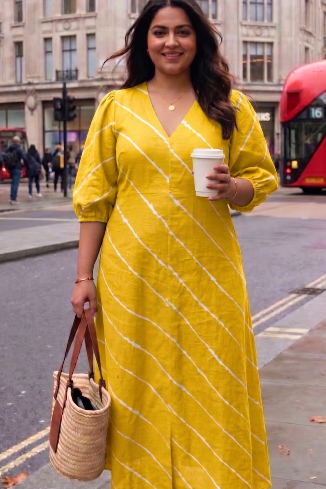 Plus Size Yellow Cotton Midi Dress – Tie-Dye Stripe V-Neck Casual Dress for Women