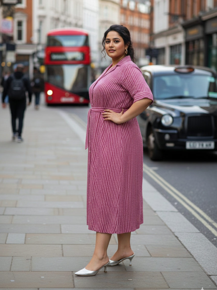 Mauve Pink Striped Cotton Shirt Dress