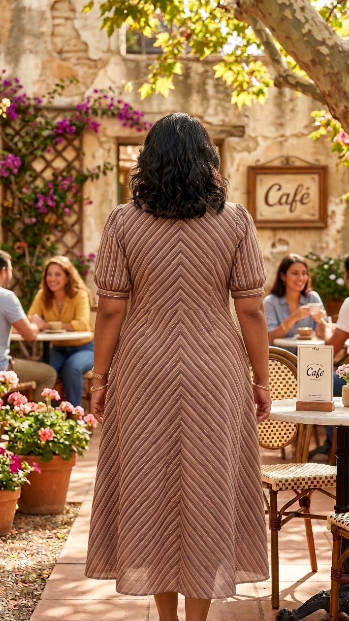 Plus Size Trendy Striped A-line Cotton Mocha Maxi Dress with Pockets