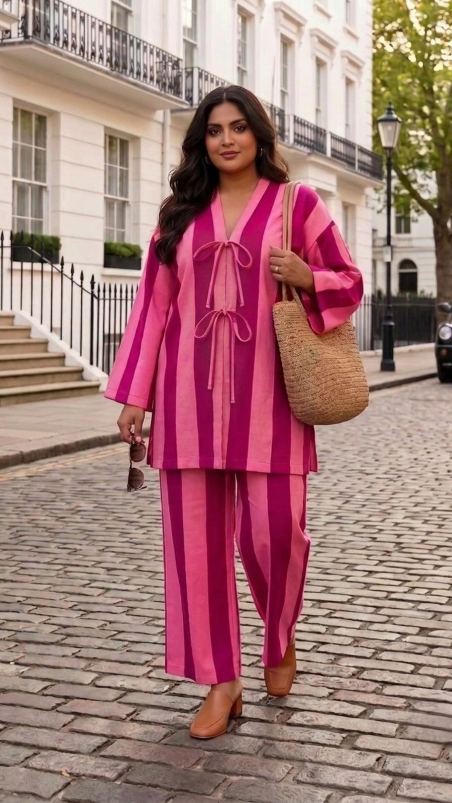 Plus Size Pink Striped Cotton Cord Set for Women | Co-Ord Set with Straight Pants