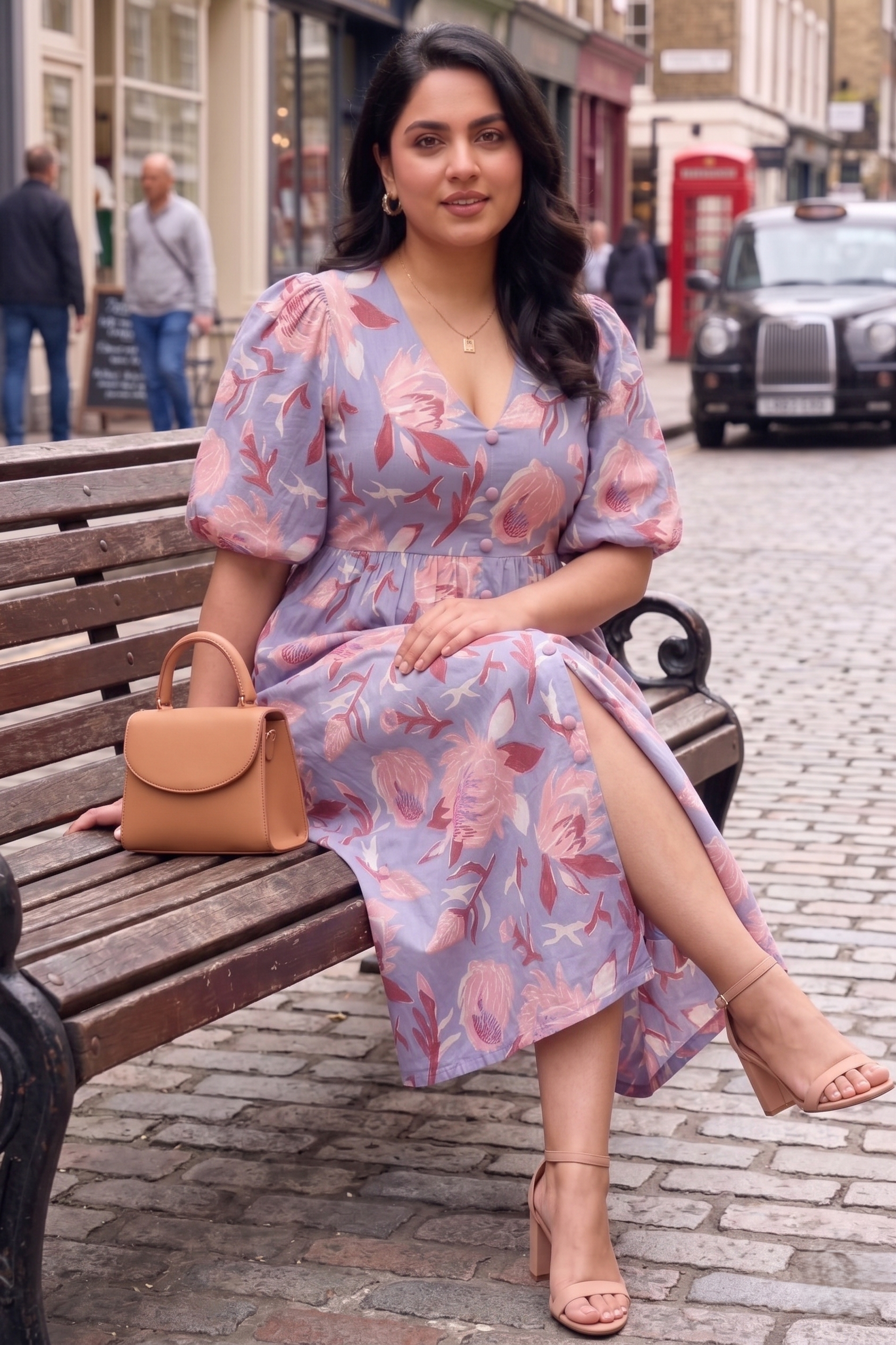 Plus Size Cotton Lilac Floral Midi Dress – V-Neck Puff Sleeve Summer Dress